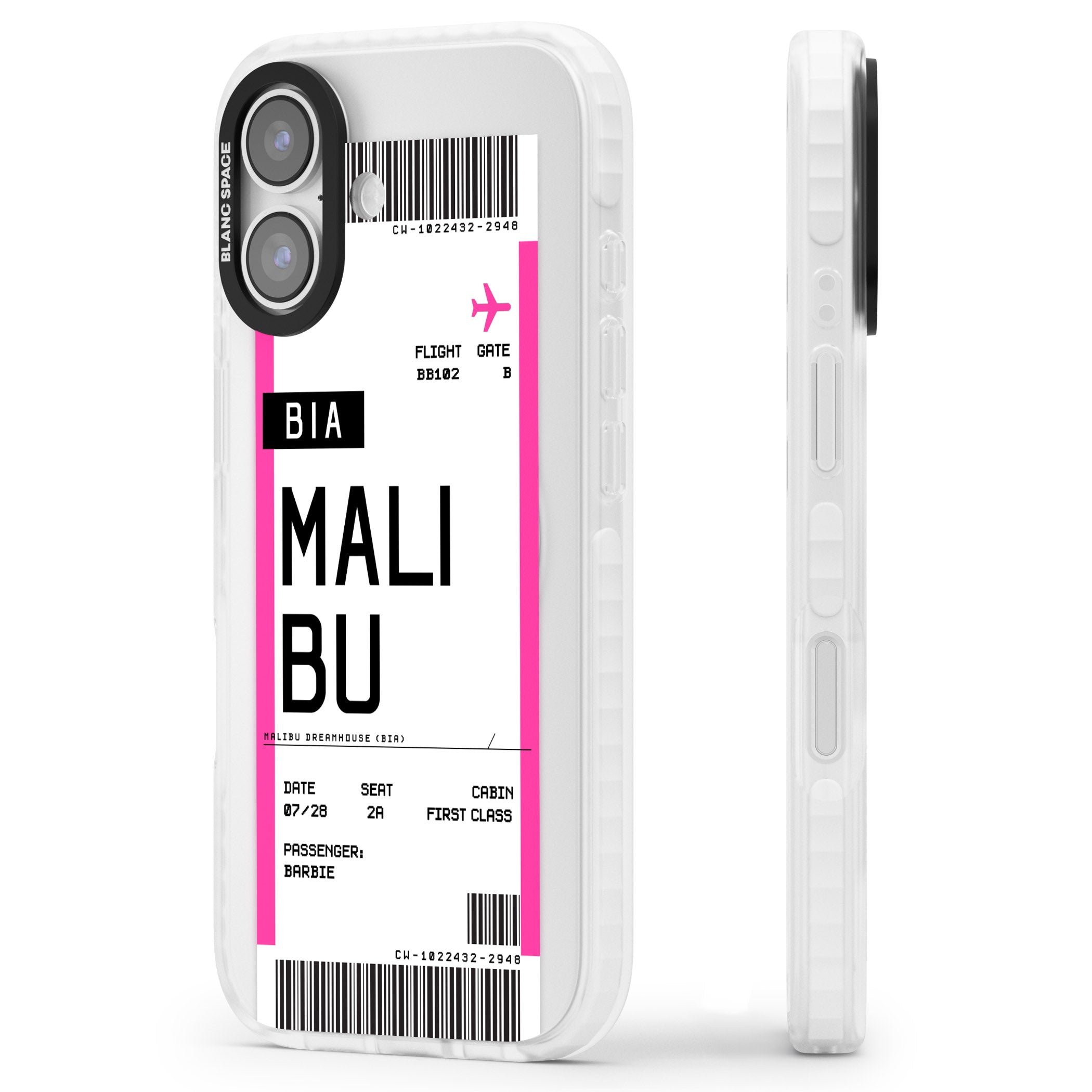 Personalised Pink Malibu Boarding Pass iPhone 17 Impact Clear Phone Case Side Profile