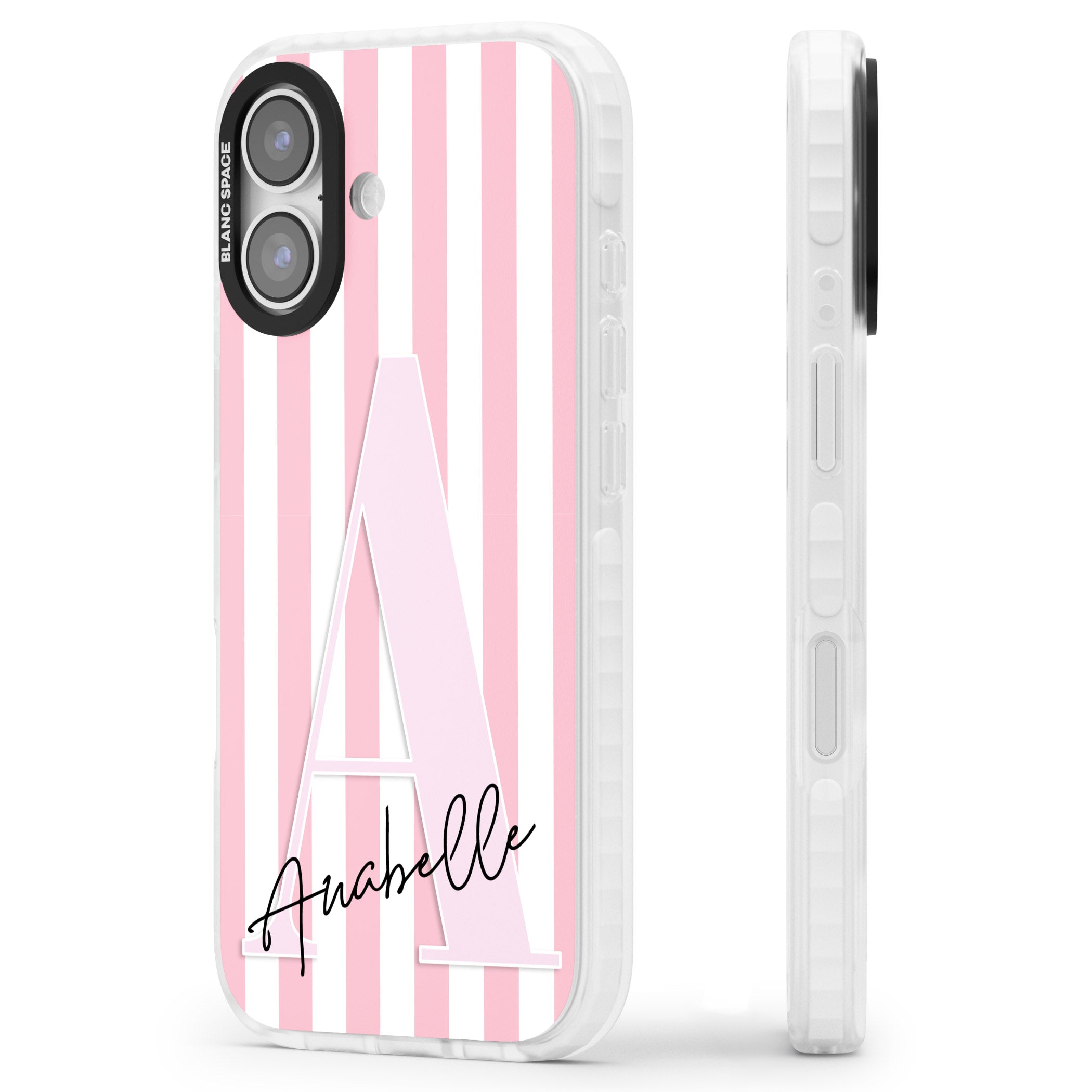 Personalised Pink Stripes & Monogram iPhone 17 Impact Clear Phone Case Side Profile