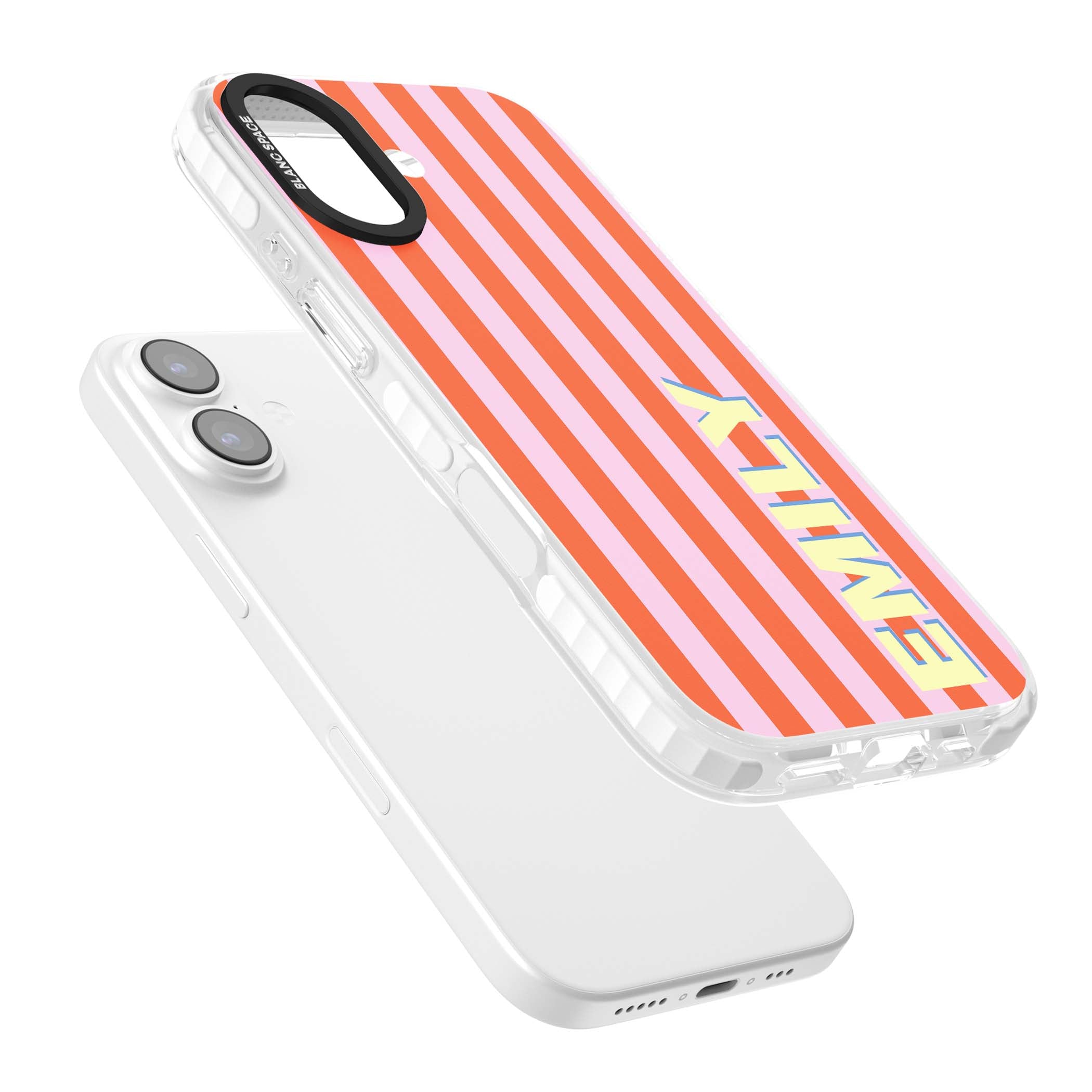 Havana Stripe personalised iPhone case featuring pink and orange vertical stripes with a custom yellow name | Black Impact case for iPhone 17