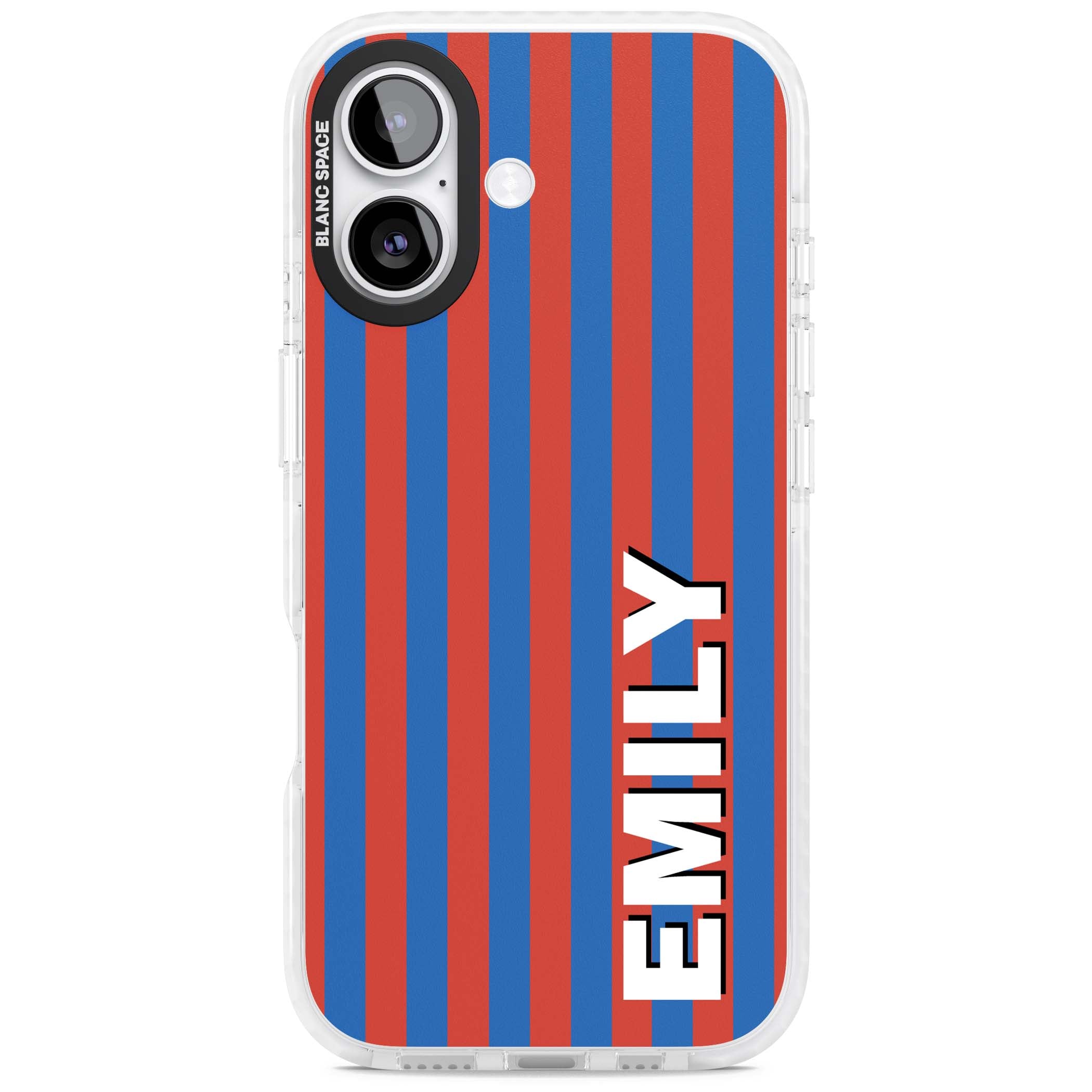 Cuban Stripe personalised iPhone case featuring red and blue vertical stripes with custom name in bold white letters | Black Impact case for iPhone 17