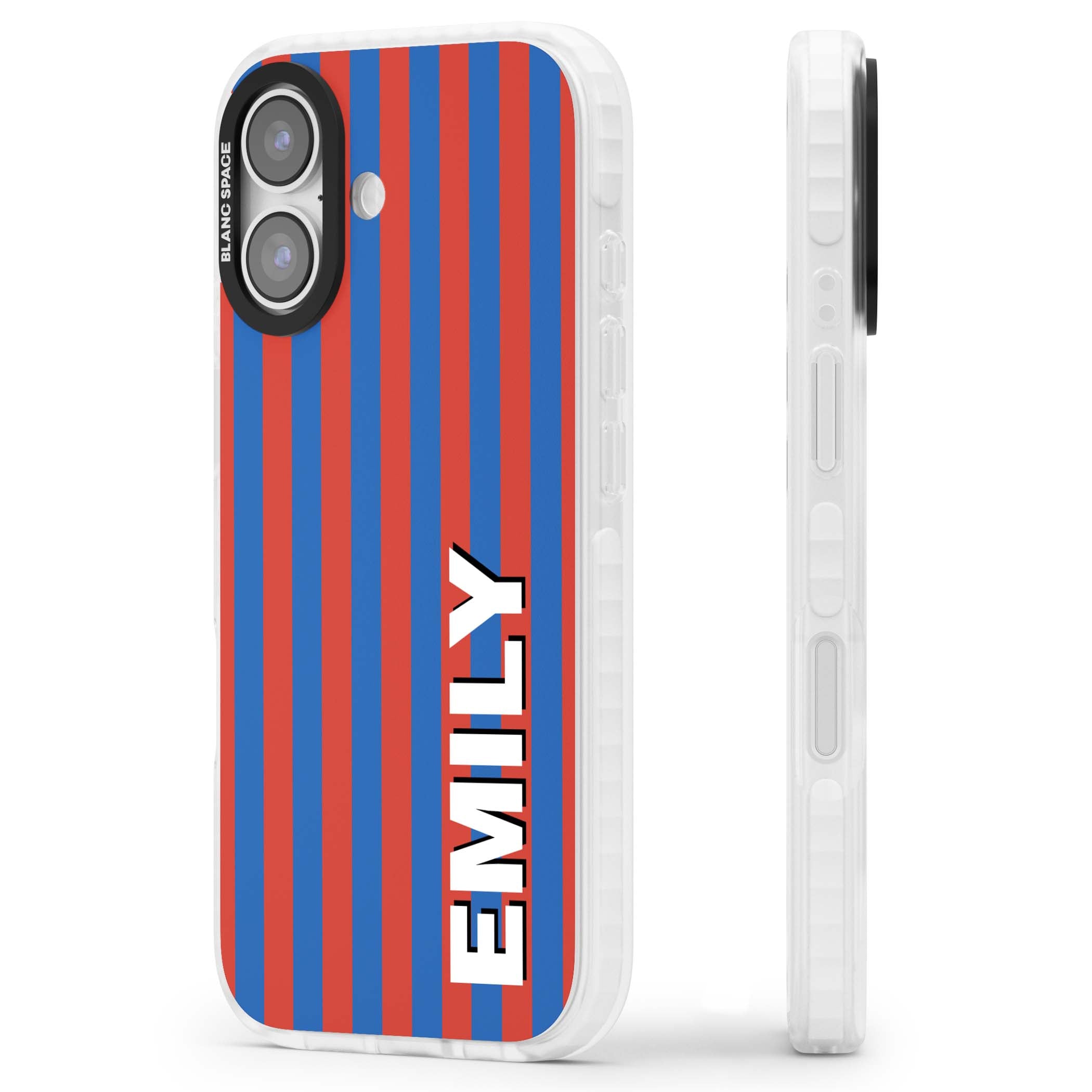 Cuban Stripe personalised iPhone case featuring red and blue vertical stripes with custom name in bold white letters | Black Impact case for iPhone 17