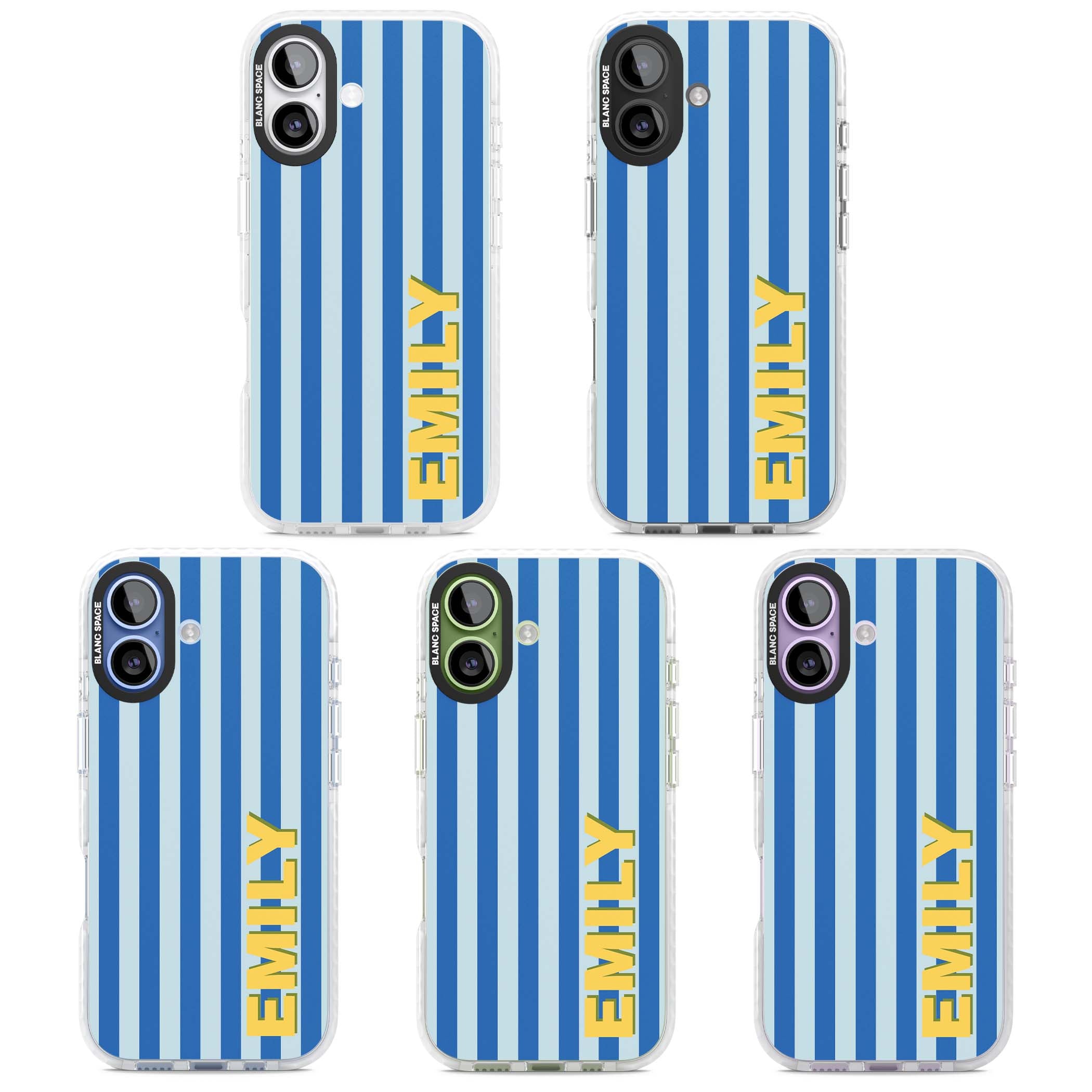 Athenian Stripe personalised preppy iPhone case featuring blue vertical stripes and a custom yellow name | Black Impact case for iPhone 17