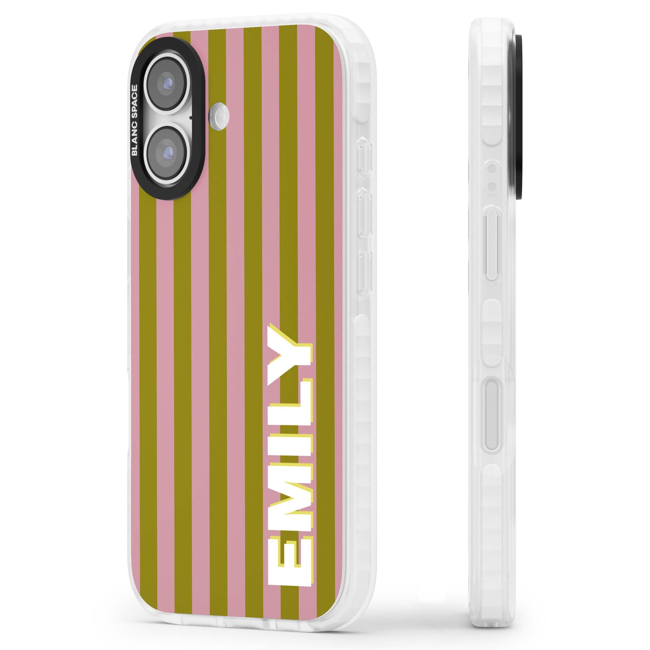 Istanbul Stripe personalised iPhone case featuring pink and olive green vertical stripes with a custom vertical name | Black Impact case for iPhone 17