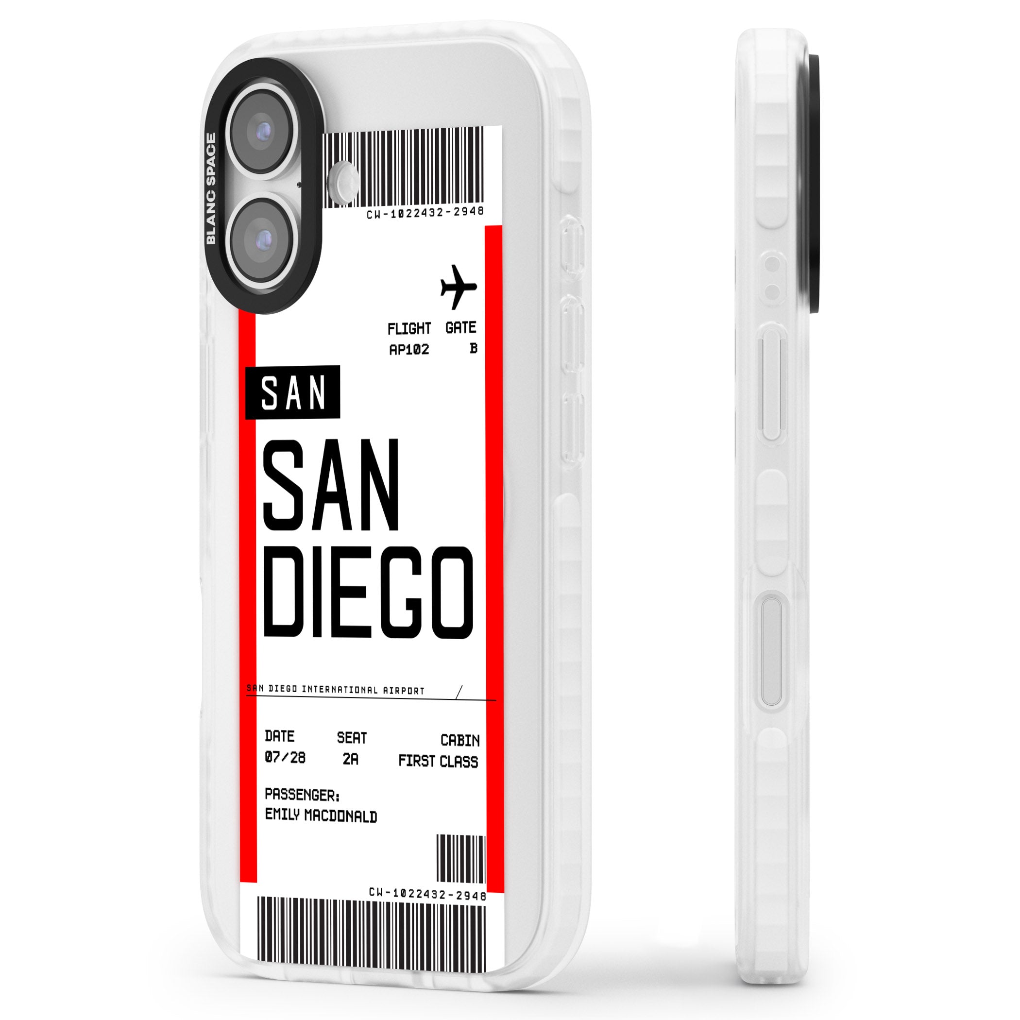 Personalised San Diego Boarding Pass iPhone 17 Impact Clear Phone Case Side Profile
