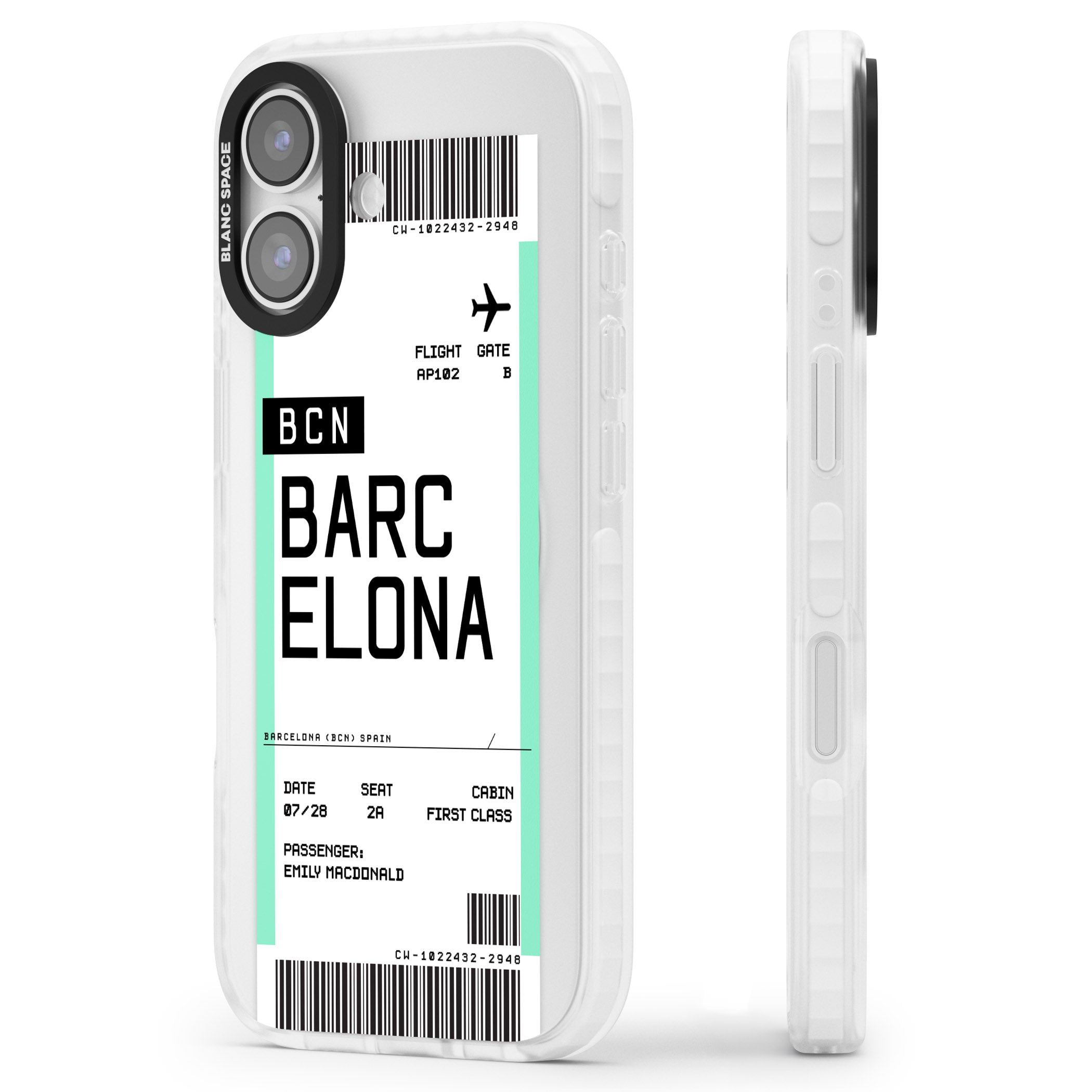 Personalised Barcelona Boarding Pass iPhone 17 Impact Clear Phone Case Side Profile