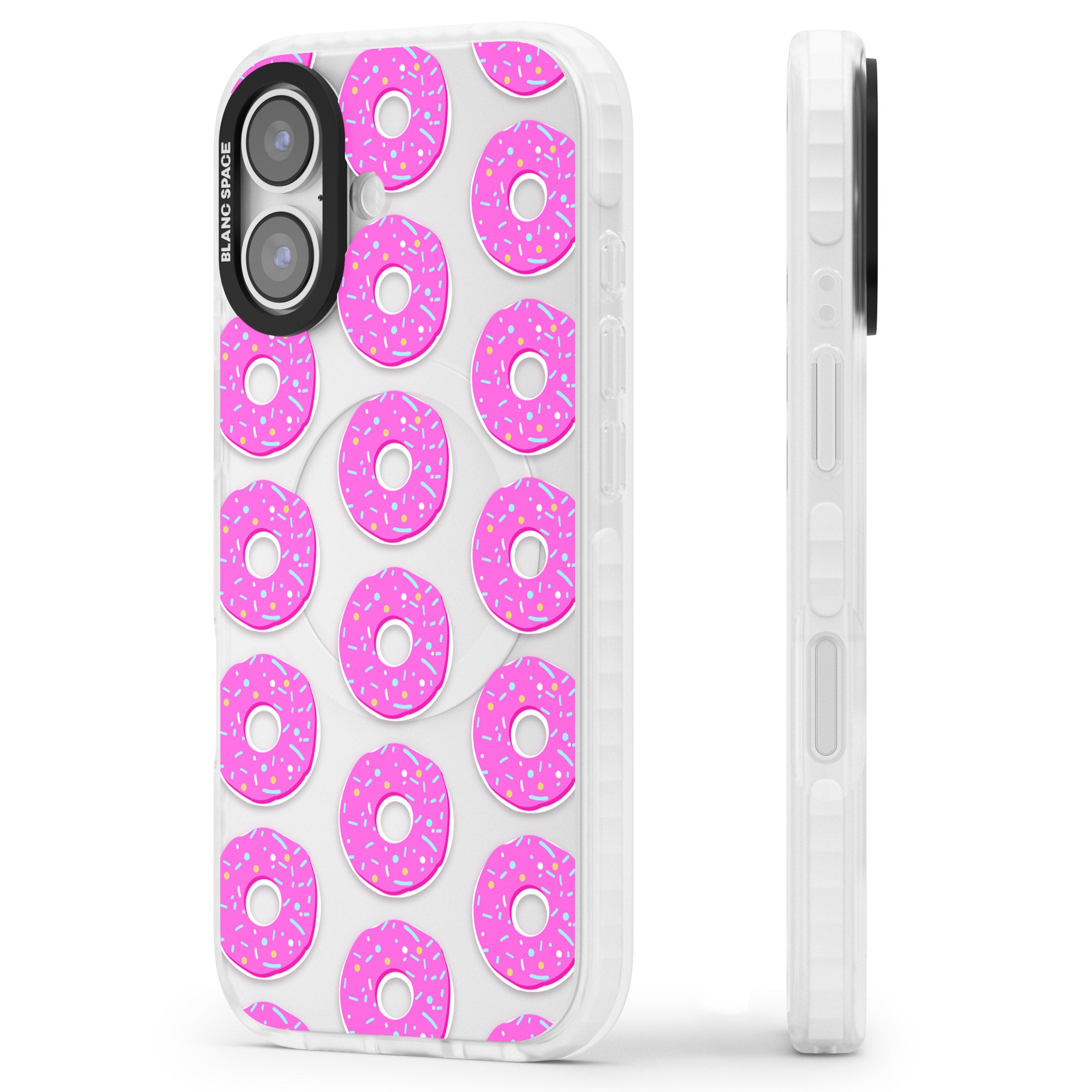 Pink Donut Pattern iPhone 17 Impact Clear Phone Case Side Profile