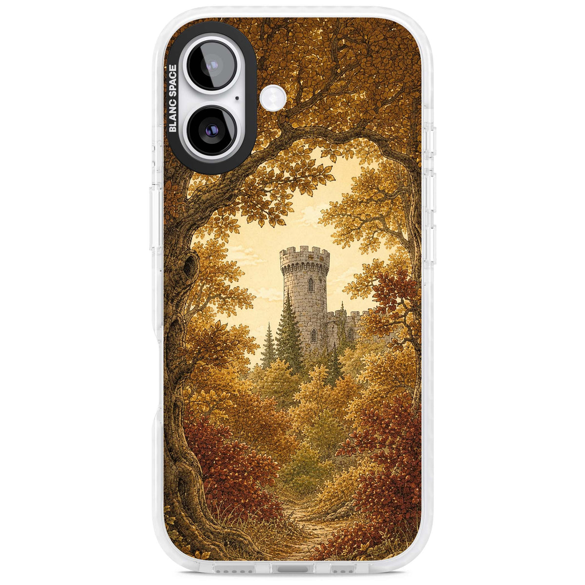 Autumn Keep cottagecore iPhone case featuring a medieval castle tower framed by golden autumn trees and woodland foliage | Black Impact case for iPhone 17
