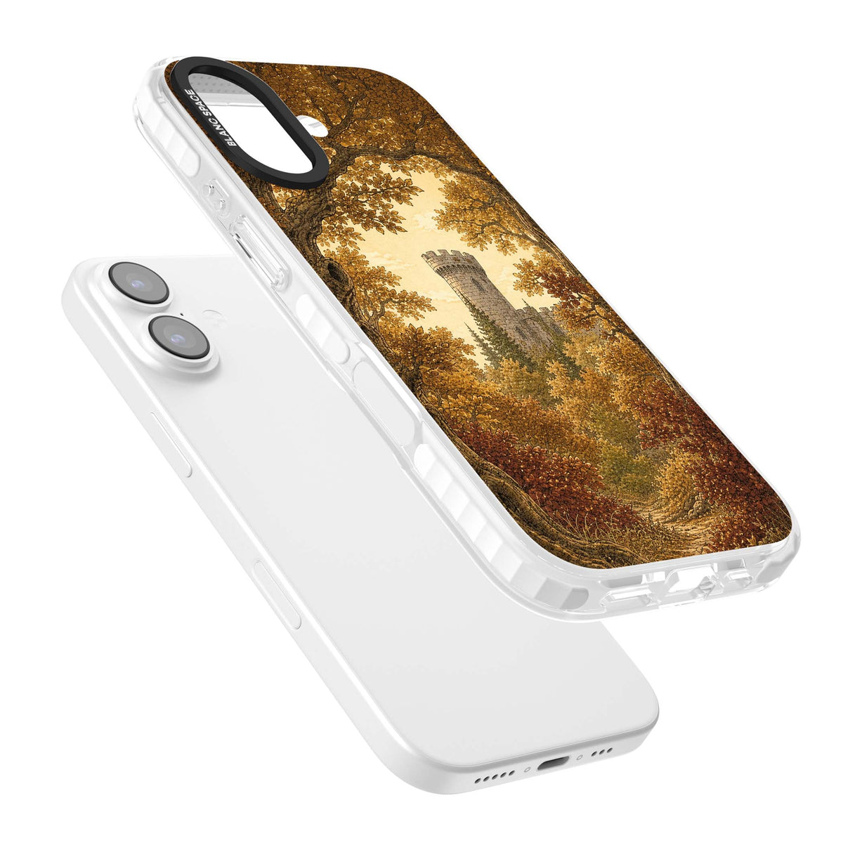Autumn Keep cottagecore iPhone case featuring a medieval castle tower framed by golden autumn trees and woodland foliage | Black Impact case for iPhone 17