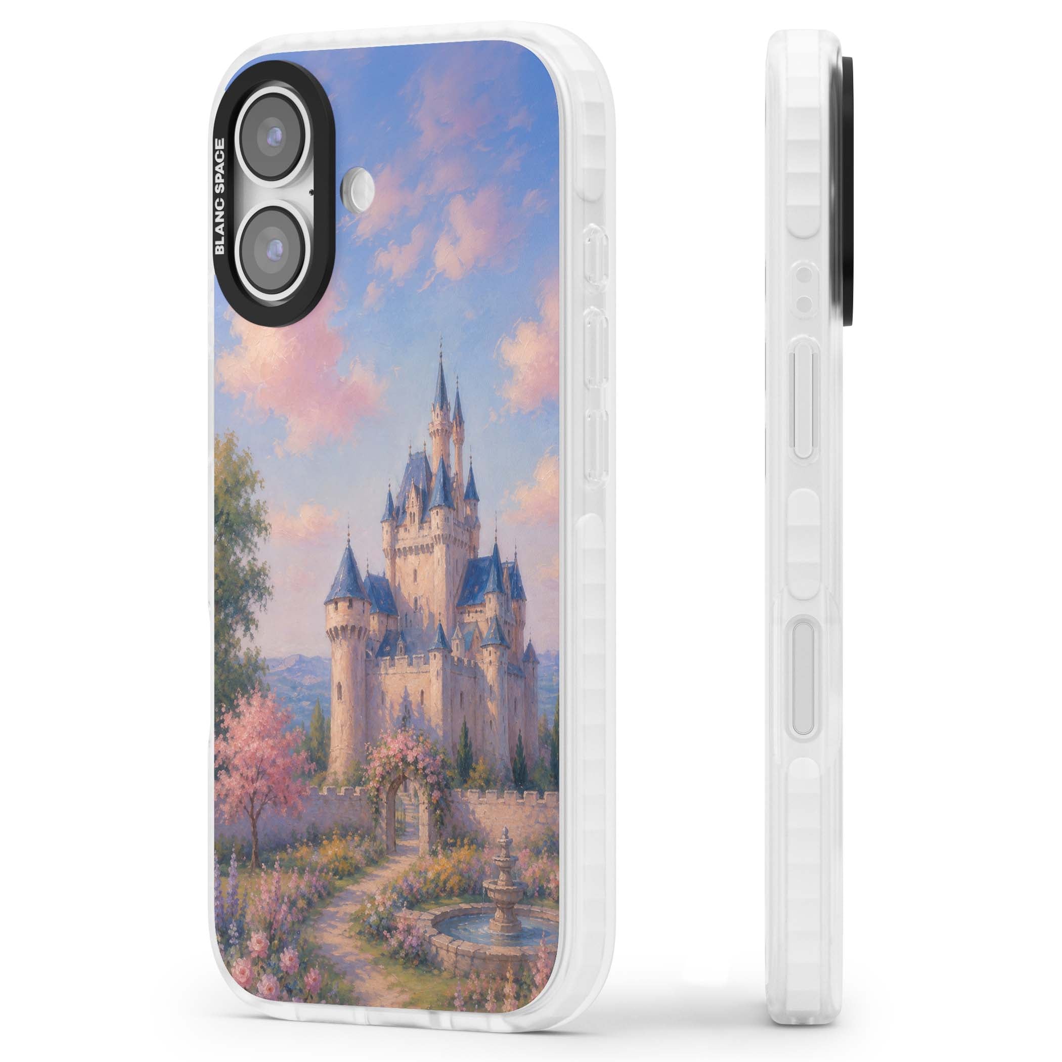 Enchanted Kingdom fairytale iPhone case featuring a romantic castle painting with cherry blossoms and pastel pink sky | Black Impact case for iPhone 17