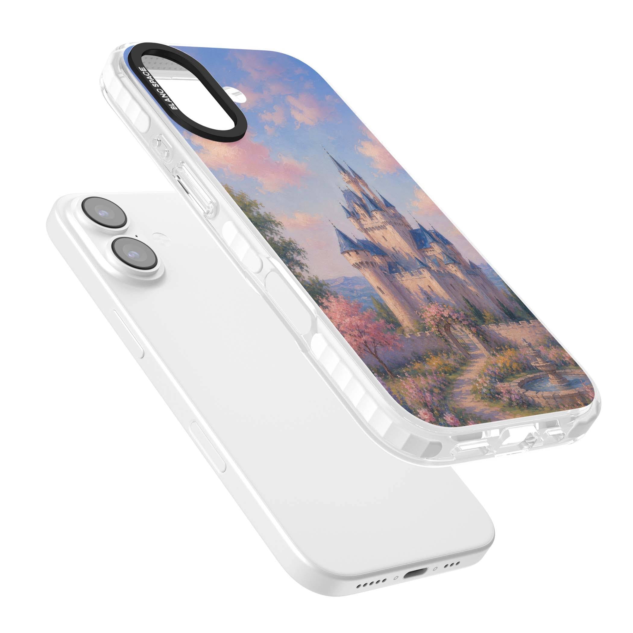 Enchanted Kingdom fairytale iPhone case featuring a romantic castle painting with cherry blossoms and pastel pink sky | Black Impact case for iPhone 17