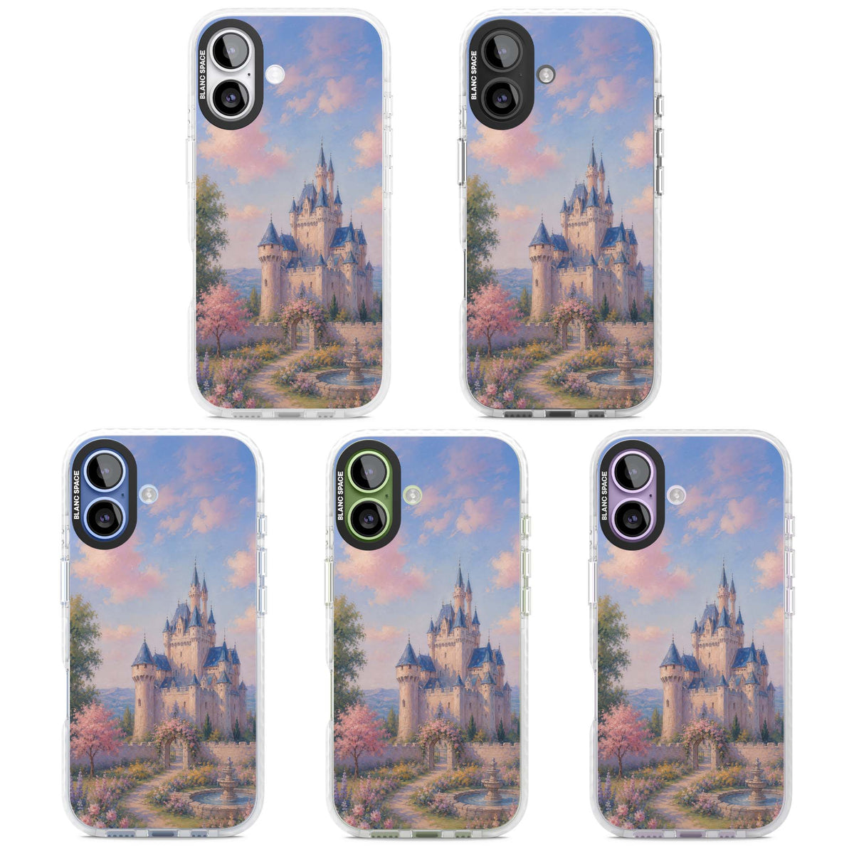 Enchanted Kingdom fairytale iPhone case featuring a romantic castle painting with cherry blossoms and pastel pink sky | Black Impact case for iPhone 17