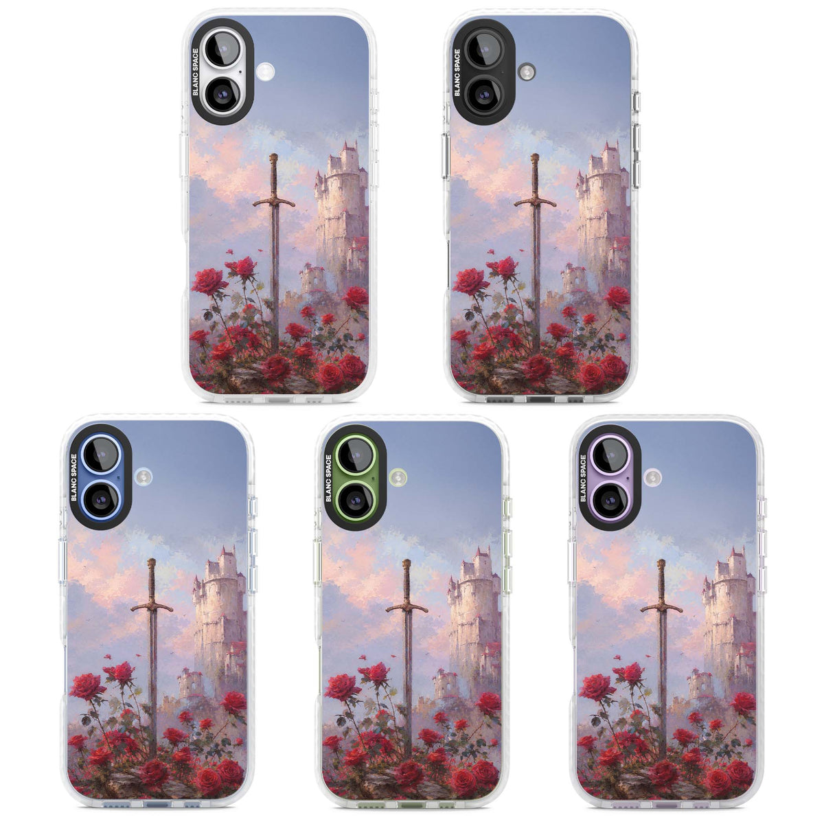 Sword in Roses medieval art iPhone case featuring a sword, red roses, and a misty fairytale castle at sunset | Black Impact case for iPhone 17
