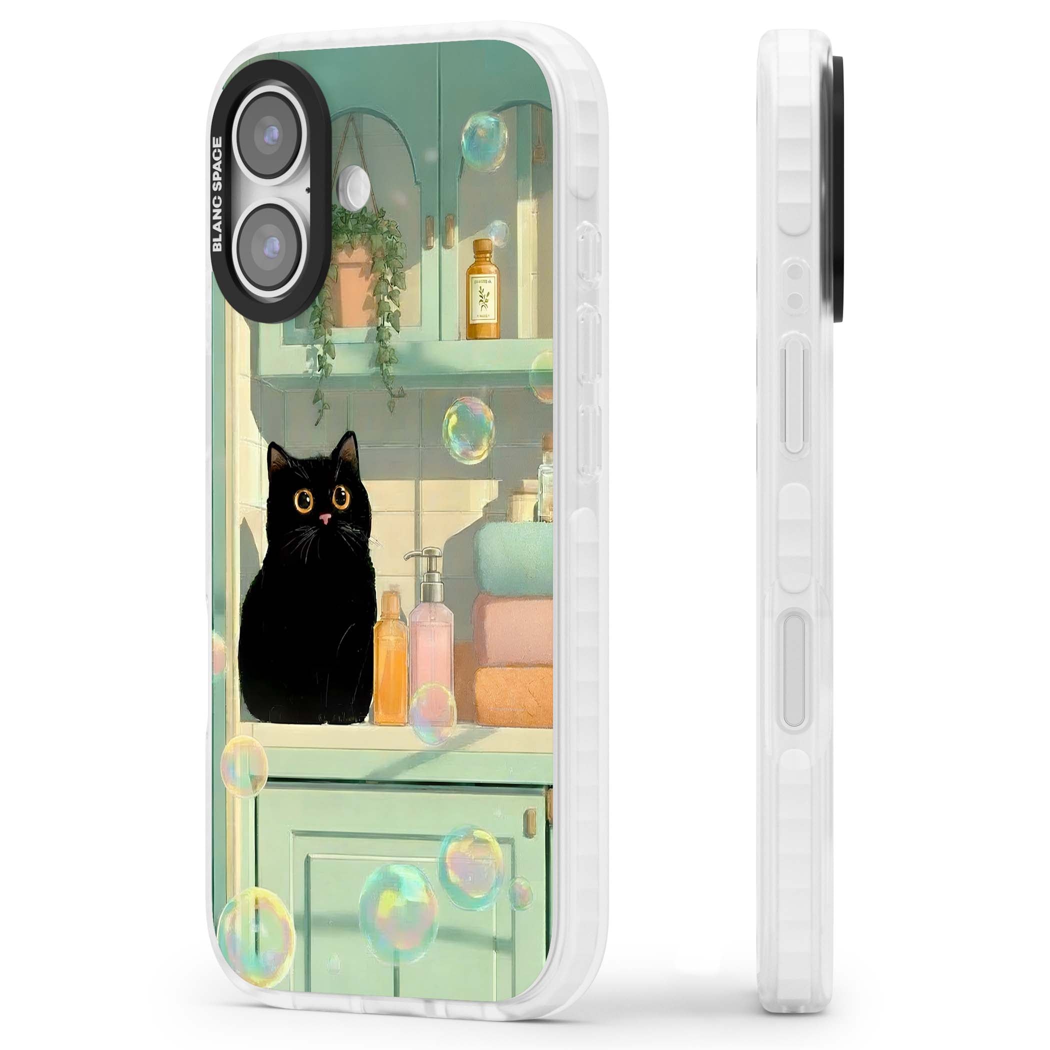 Bathroom Bubble Kitty cottagecore iPhone case featuring a black cat, mint bathroom scene and floating soap bubbles | Black Impact case for iPhone 17