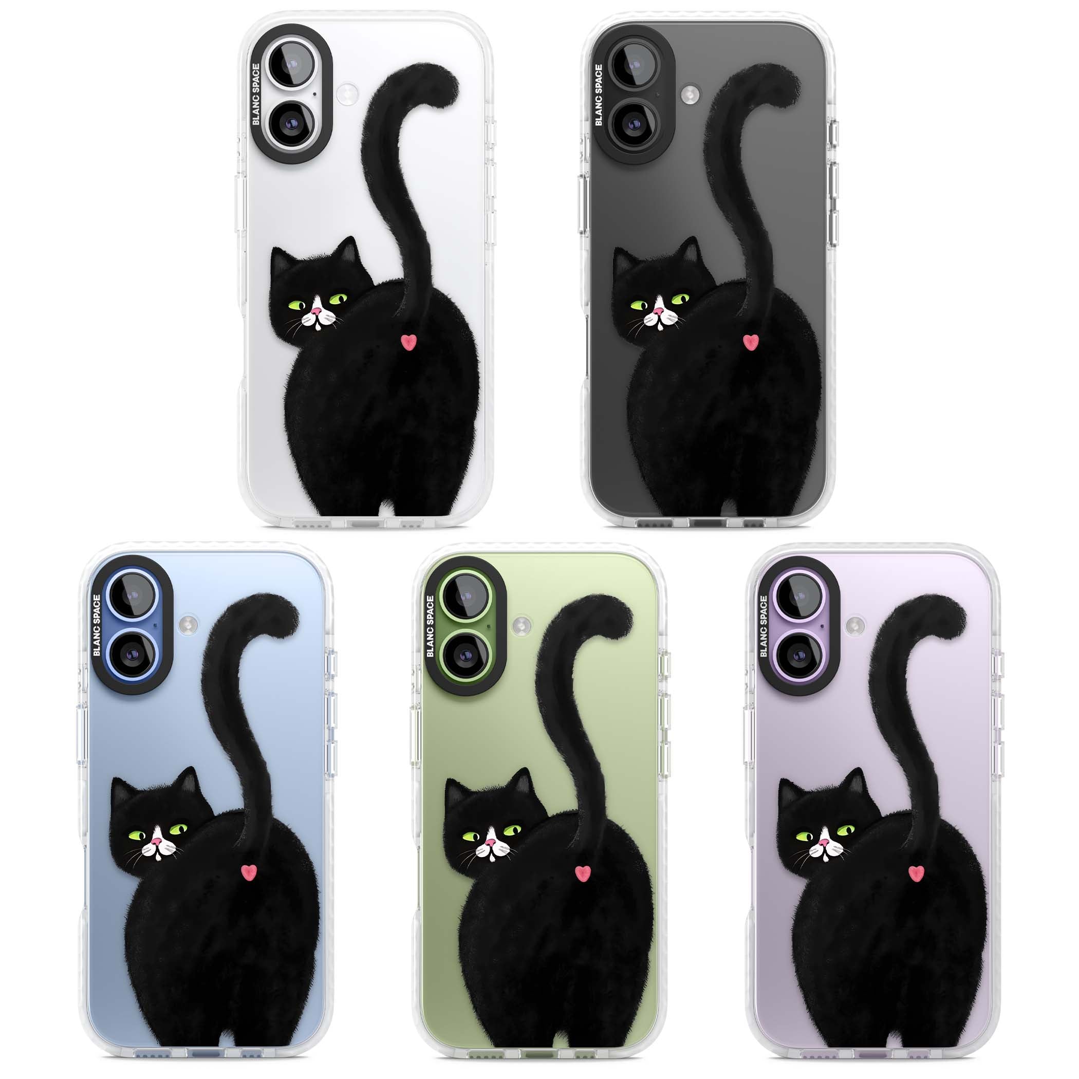 The Cat's Kiss cute cat iPhone case featuring a hand-painted tuxedo kitty with green eyes and a pink heart on a clear | Black Impact case for iPhone 17