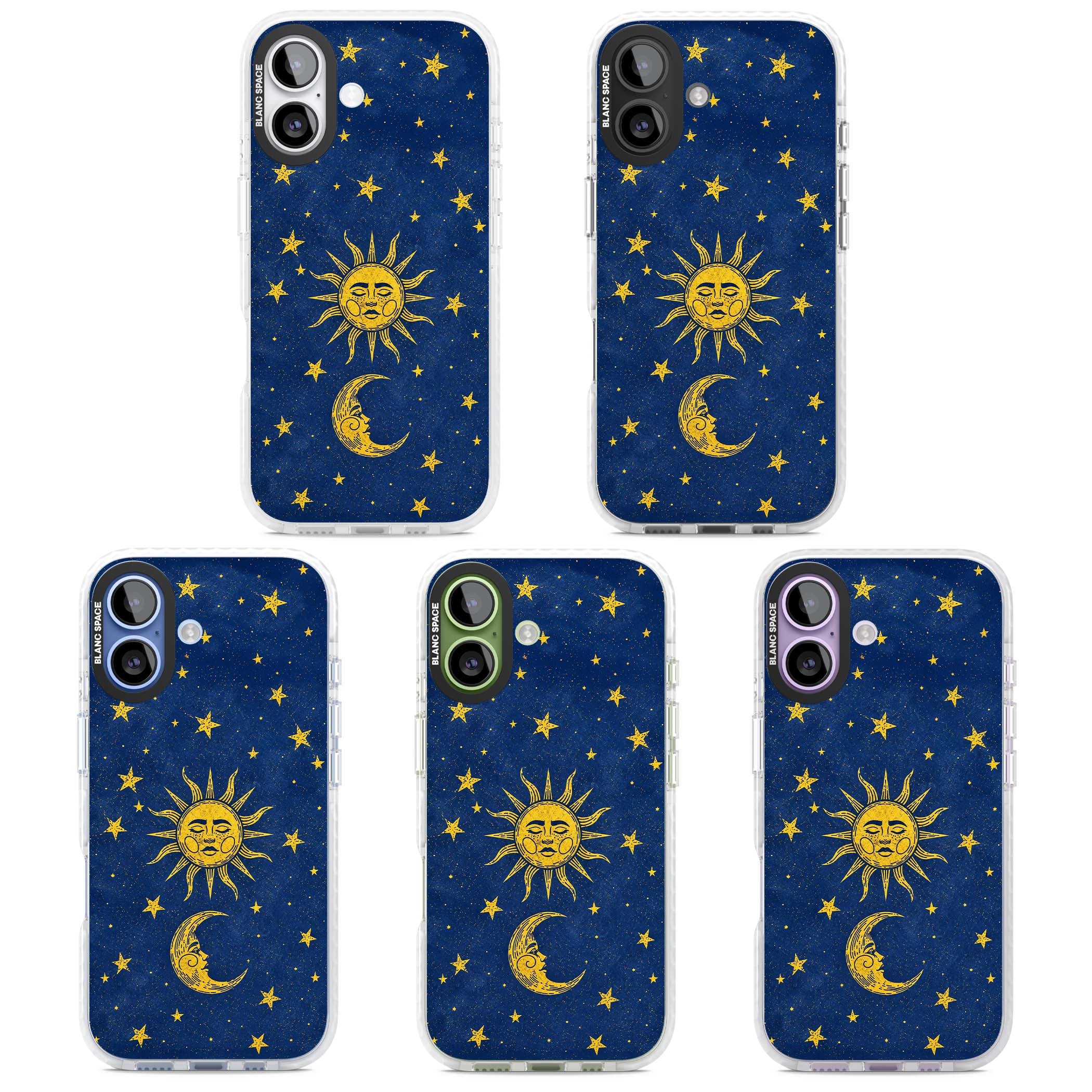 Sun & Moon Reverie celestial iPhone case featuring a vintage golden sun, crescent moon and scattered stars on midnight blue | Black Impact case for iPhone 17