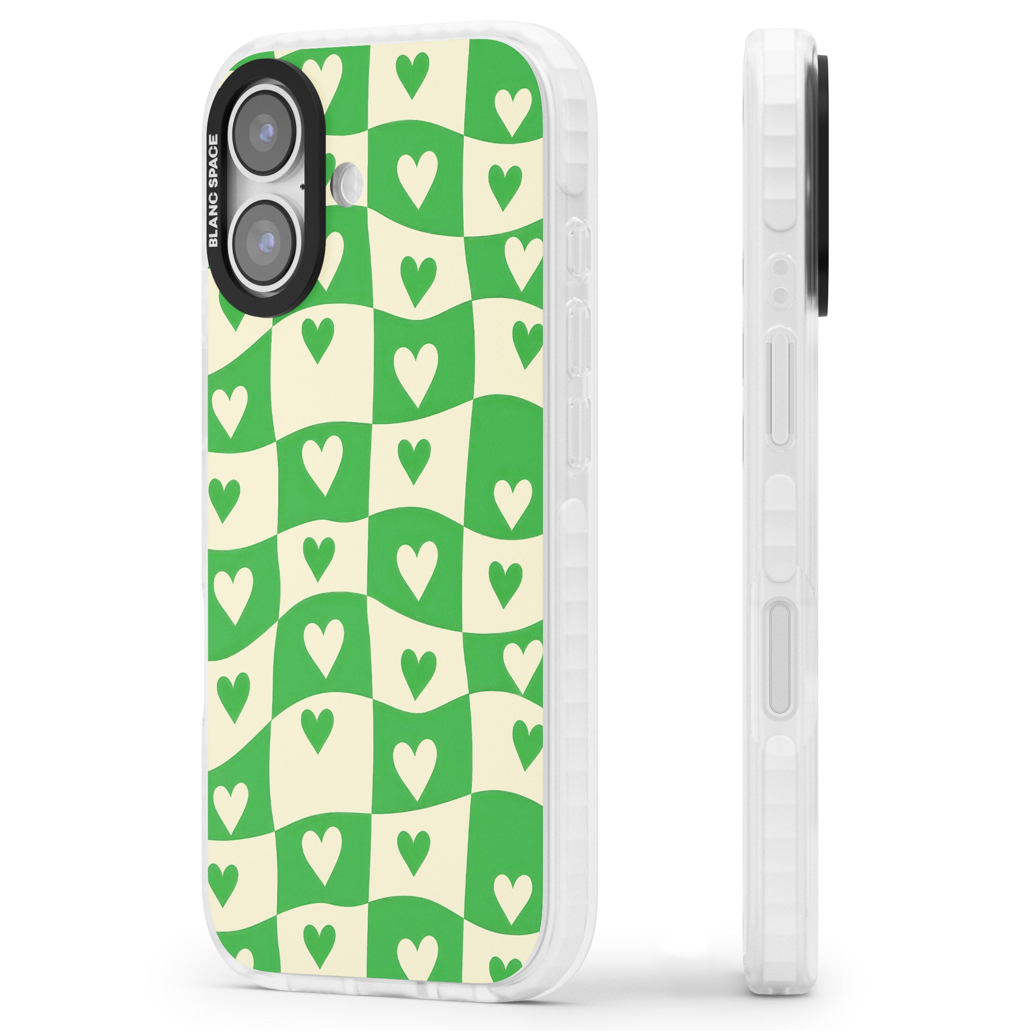 Green Wavy Checked Hearts iPhone 17 Impact Clear Phone Case Side Profile