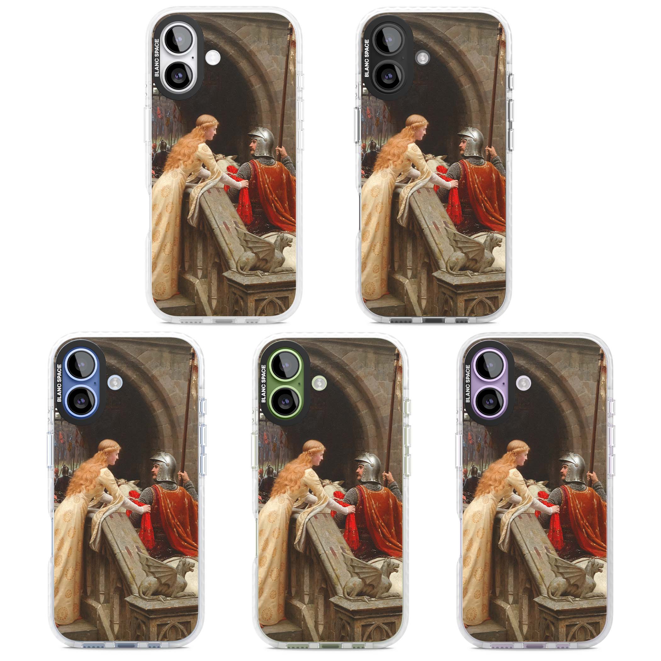 God Speed fine art iPhone case featuring Edmund Blair Leighton's medieval knight and lady beneath a stone archway | Black Impact case for iPhone 17