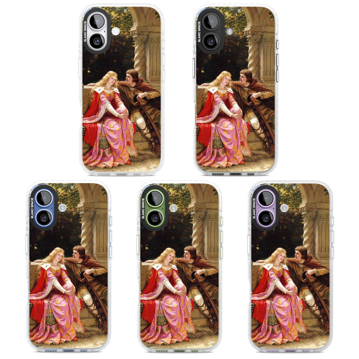 The End of the Song classic art iPhone case featuring a medieval lady in pink gown and her knight in a stone archway | Black Impact case for iPhone 17
