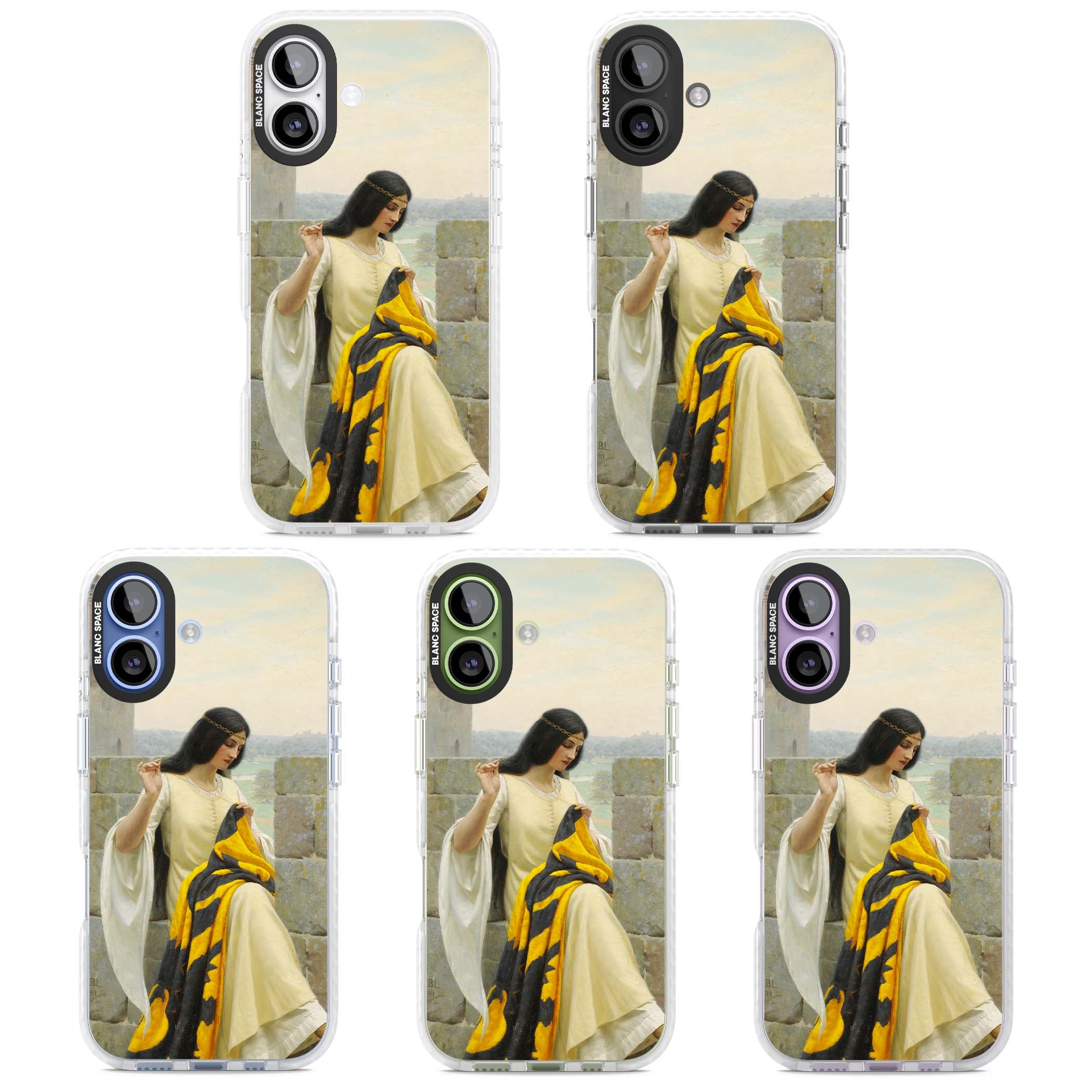 Stitching the Standard renaissance art iPhone case featuring a medieval lady sewing a golden banner on a castle wall | Black Impact case for iPhone 17
