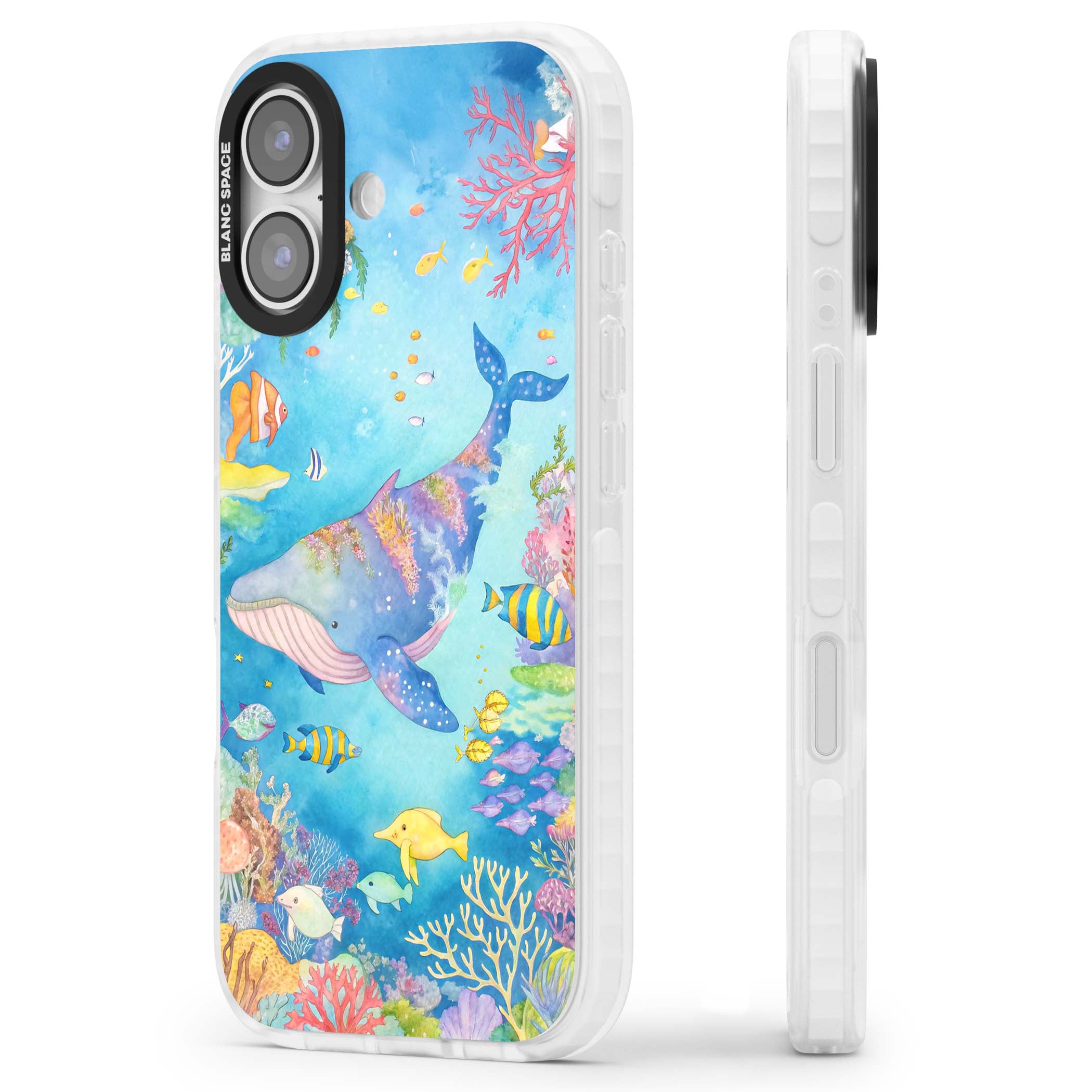 Coral Lagoon ocean iPhone case featuring a watercolour whale, coral reef and tropical fish | Black Impact case for iPhone 17