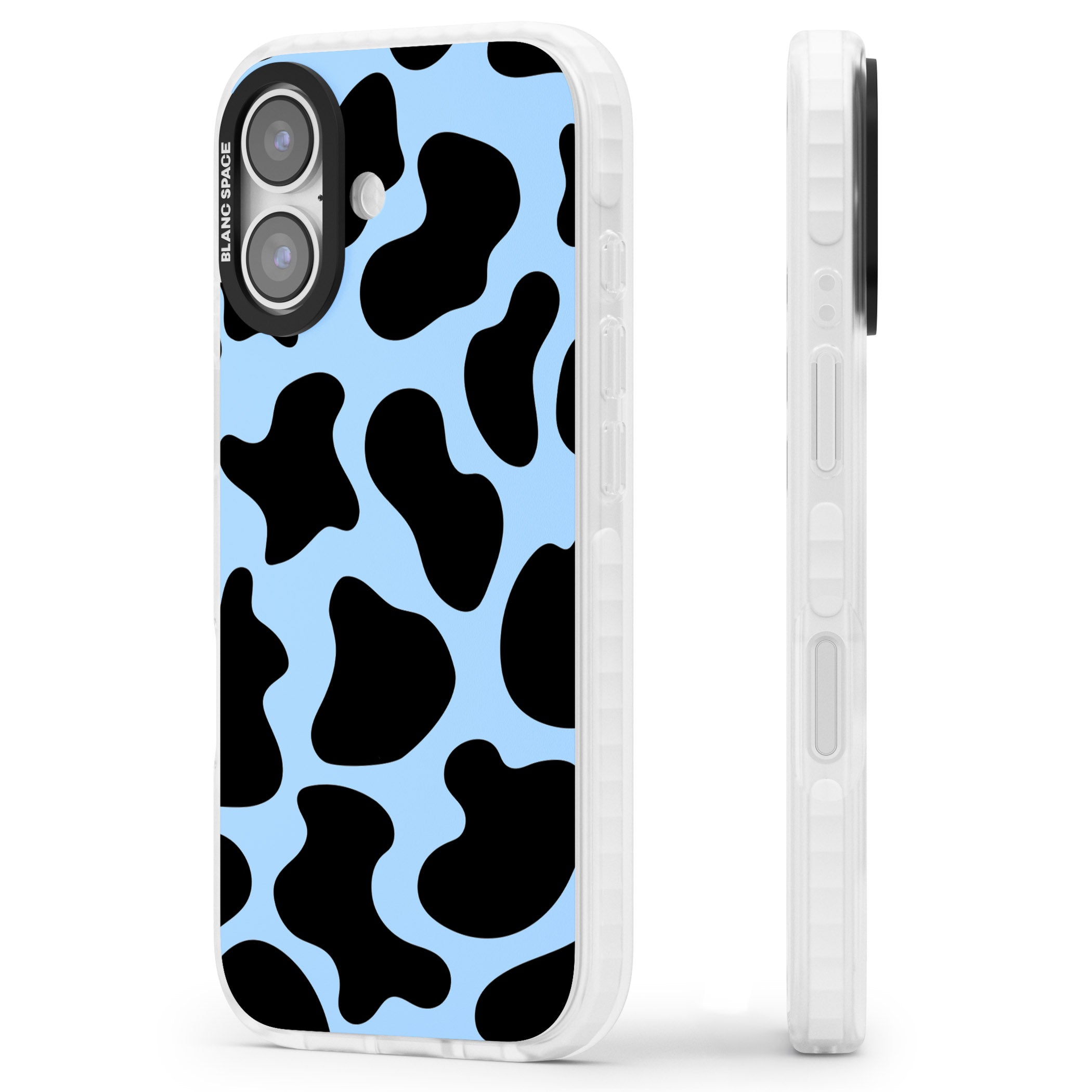 Blue And Black Cow Print iPhone 17 Impact Clear Phone Case Side Profile