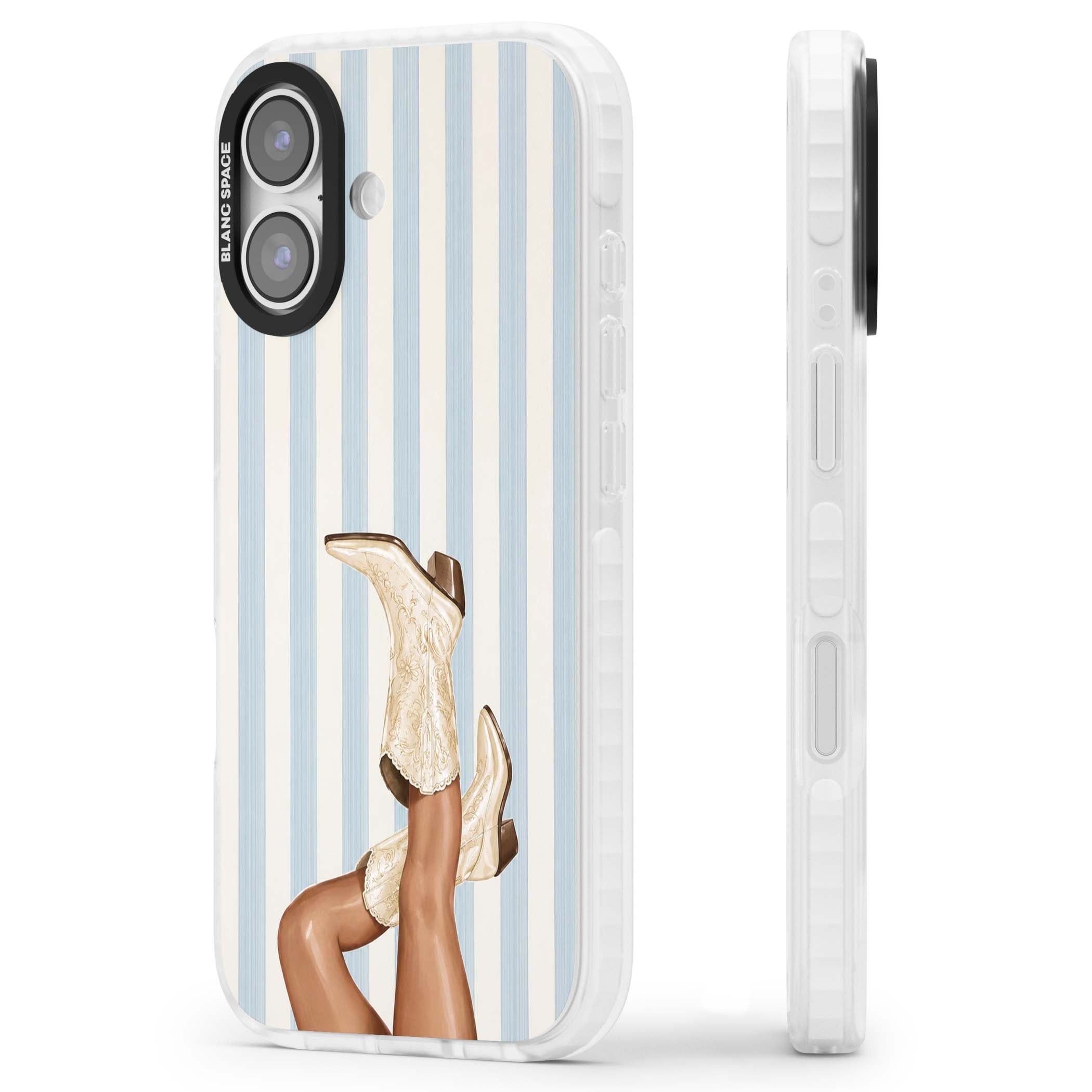 Cowgirl Boots coastal cowgirl iPhone case featuring embroidered western boots, tanned legs and a blue stripe backdrop | Black Impact case for iPhone 17