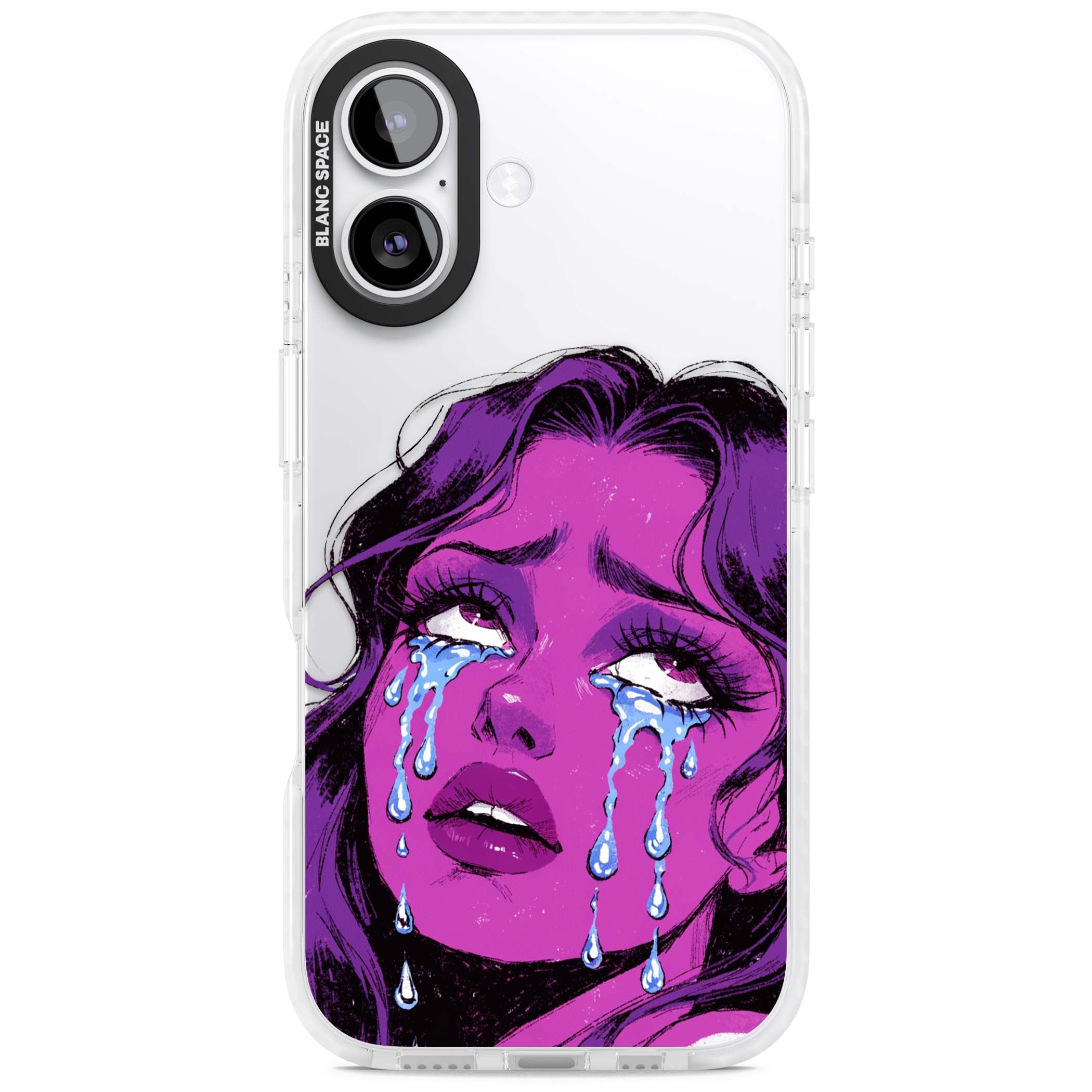 Drama Queen pop art iPhone case featuring a purple crying comic girl with blue tears | Black Impact case for iPhone 17