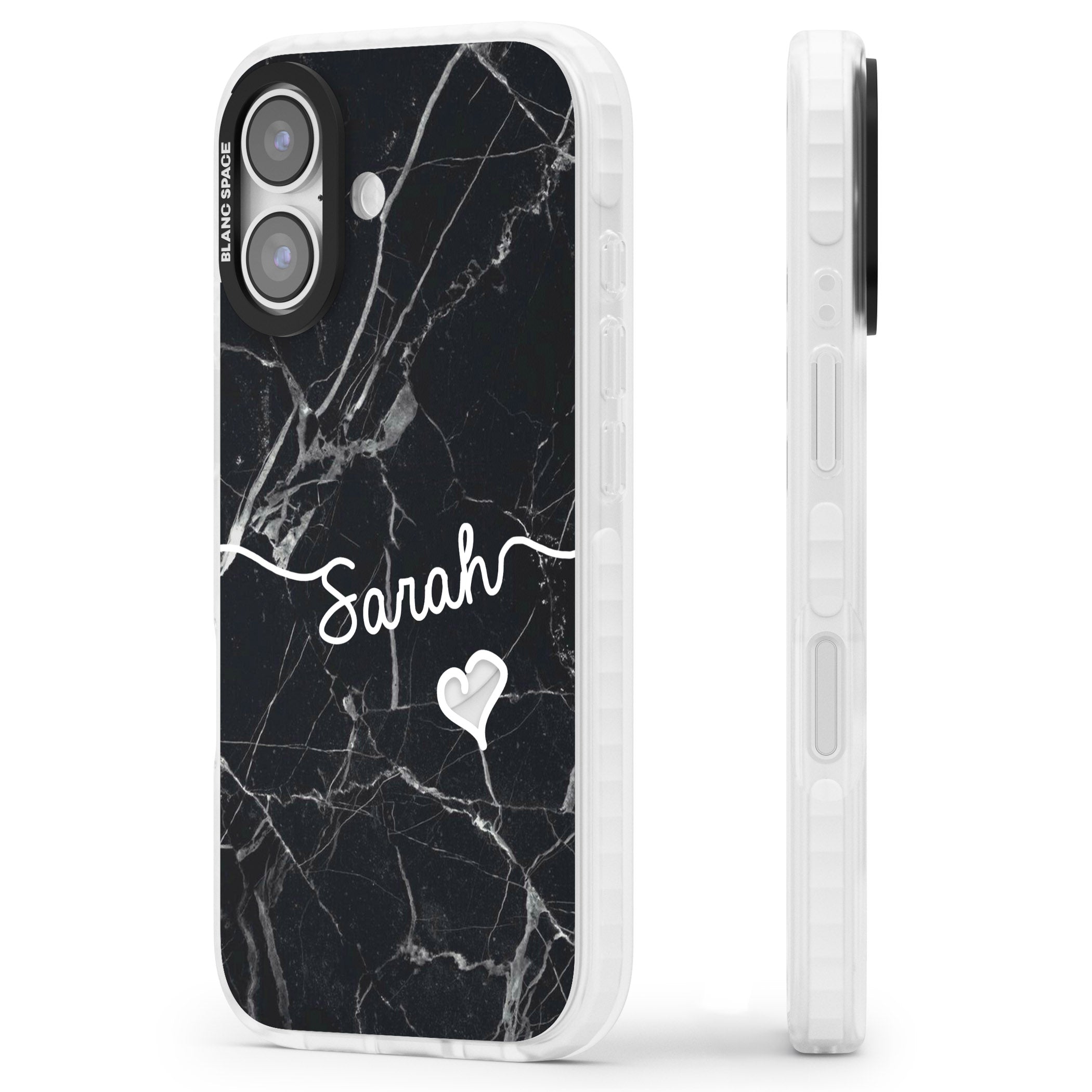 Personalised Black Marble Heart iPhone 17 Impact Clear Phone Case Side Profile