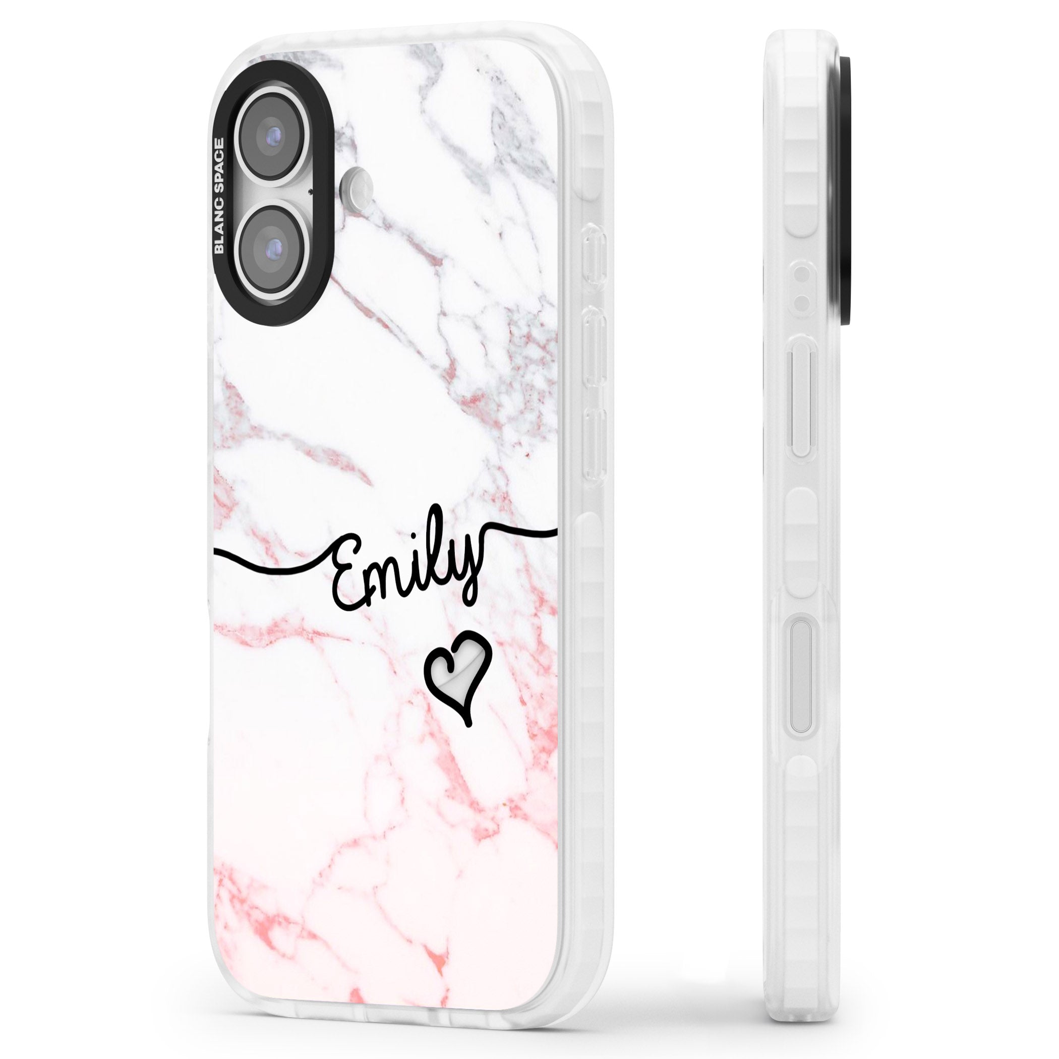 Personalised Pink Fade Marble Heart iPhone 17 Impact Clear Phone Case Side Profile