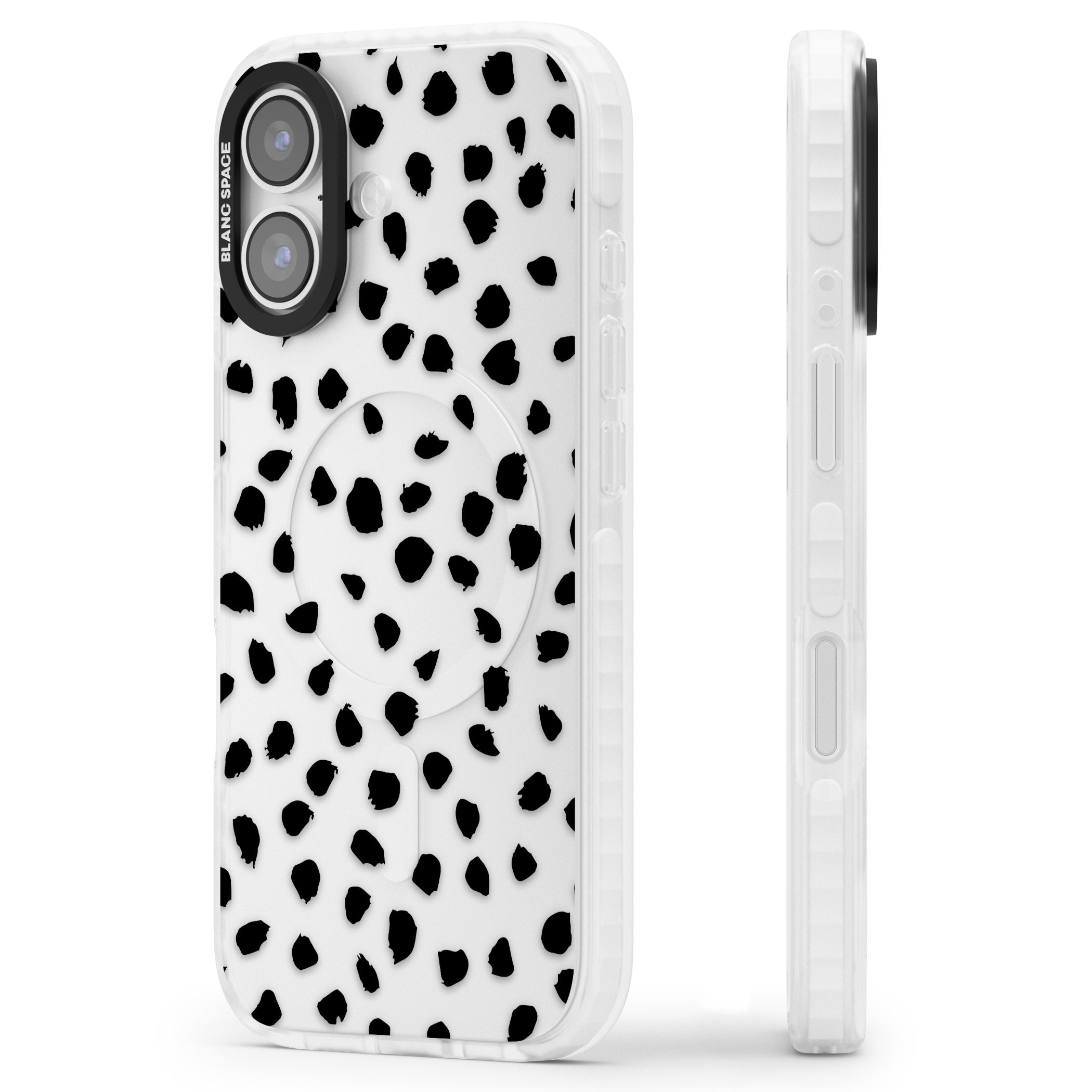 Black Dalmatian Polka Dot iPhone 17 Impact Clear Phone Case Side Profile