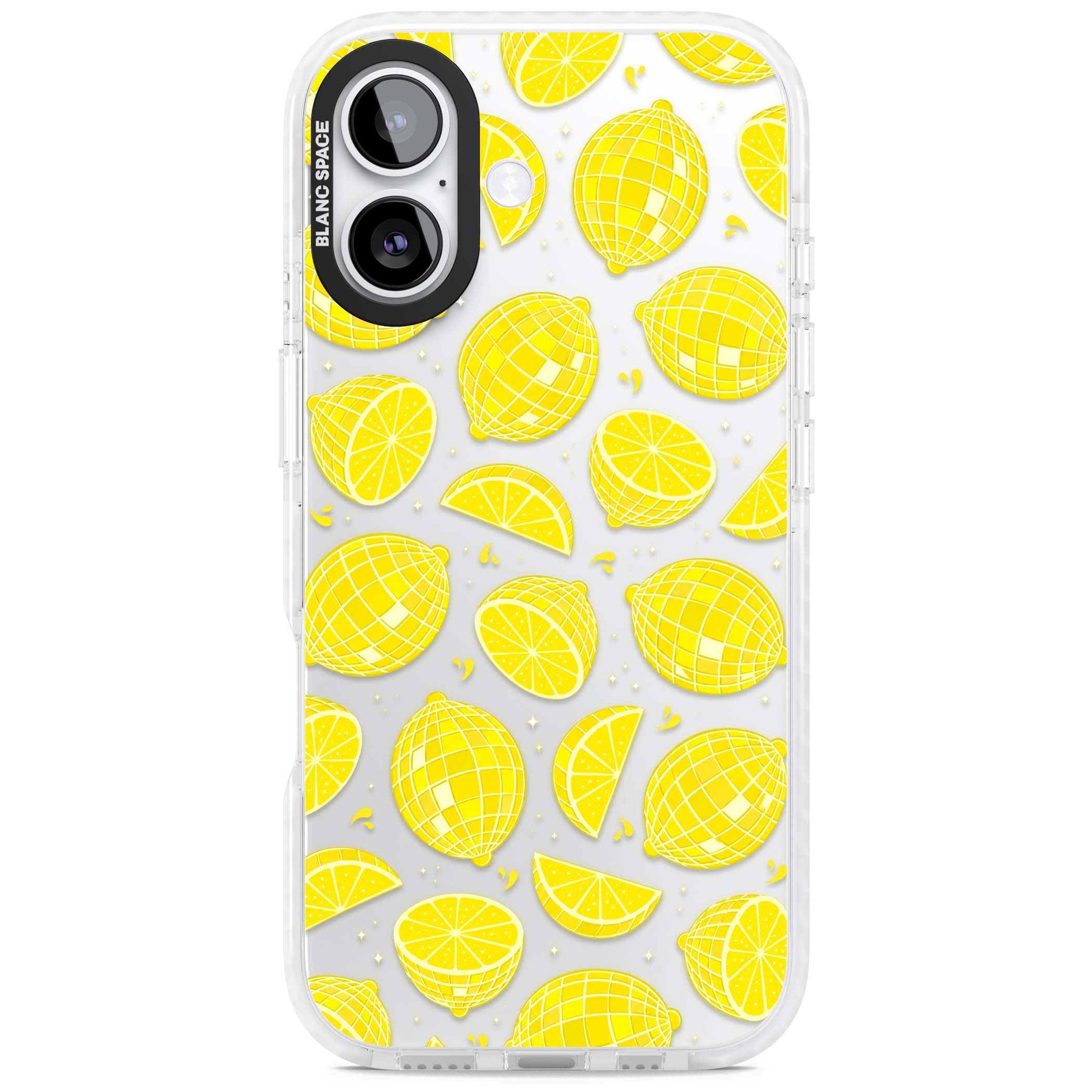 Disco Lemons citrus iPhone case featuring mirrorball lemons, sliced fruit and sparkle accents | Black Impact case for iPhone 17
