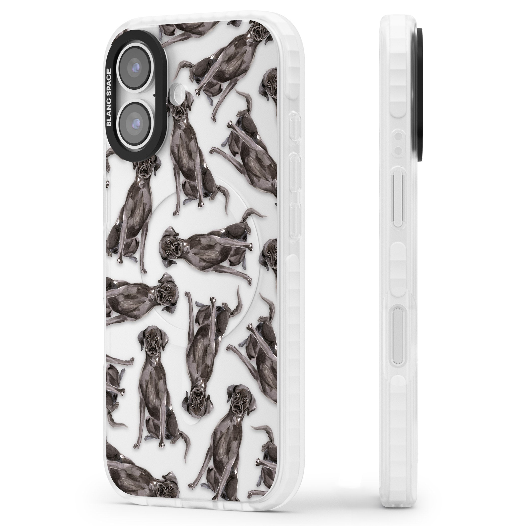 Black Labrador Watercolor Pattern iPhone 17 Impact Clear Phone Case Side Profile