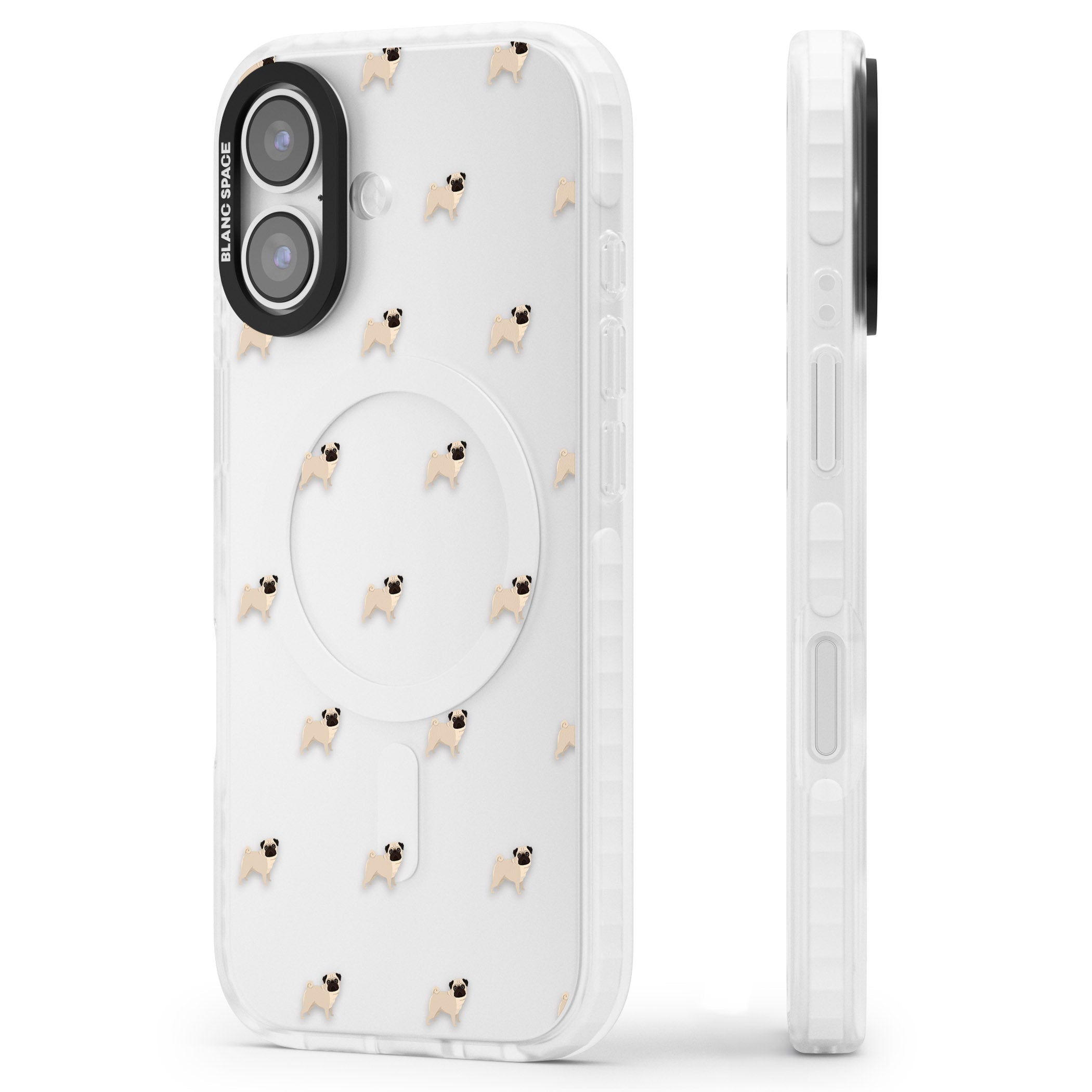 Pug Pattern iPhone 17 Impact Clear Phone Case Side Profile