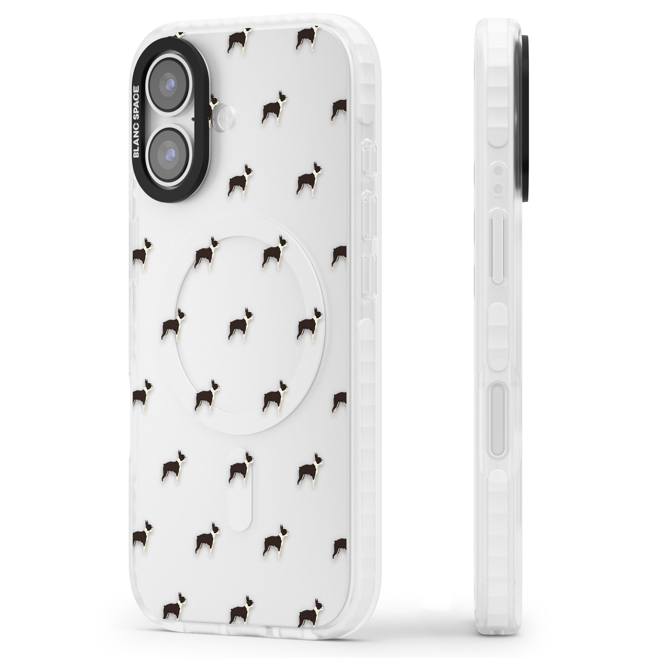 Boston Terrier Pattern iPhone 17 Impact Clear Phone Case Side Profile