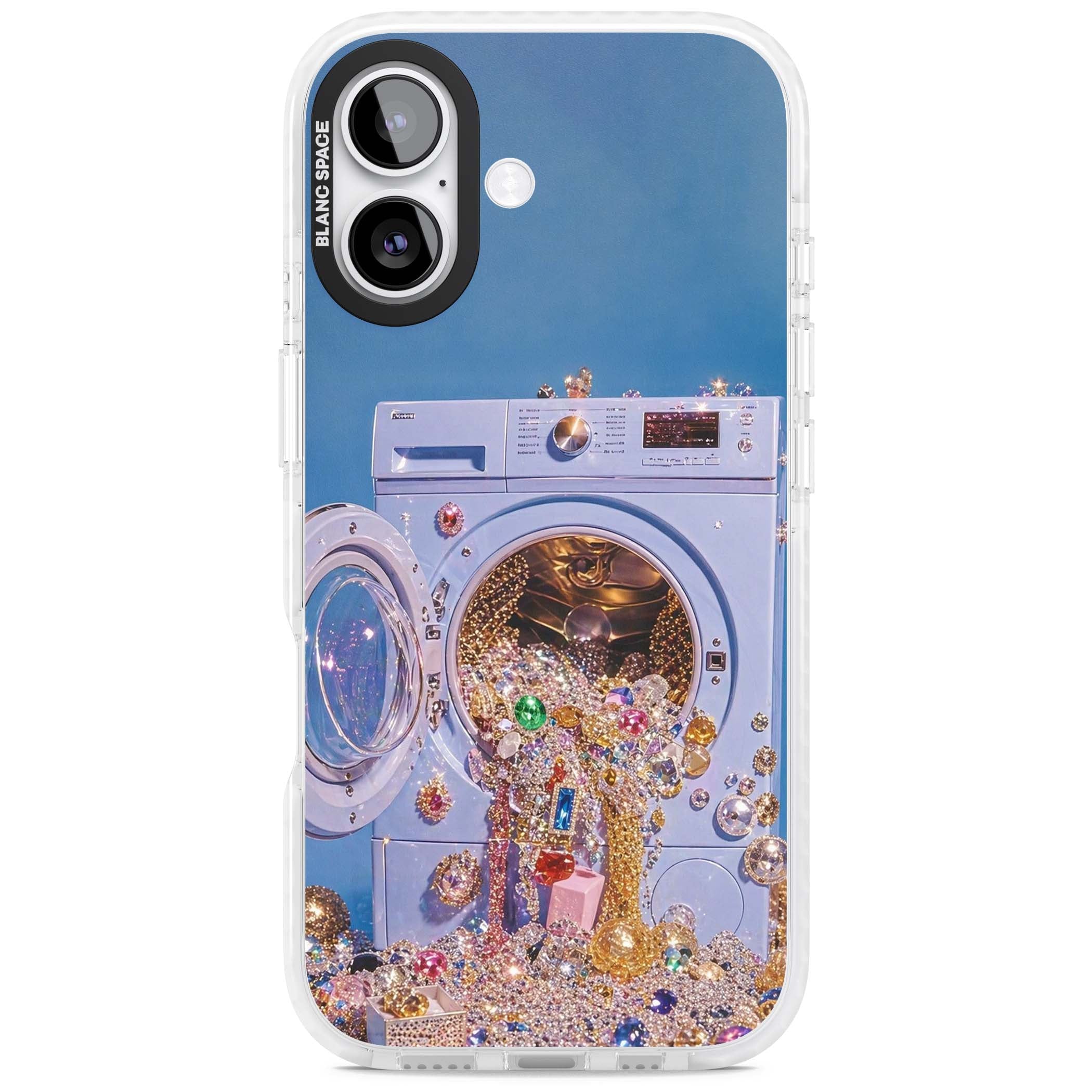 Gem Laundry baddie iPhone case featuring a surreal washing machine overflowing with colourful gemstones and crystals | Black Impact case for iPhone 17