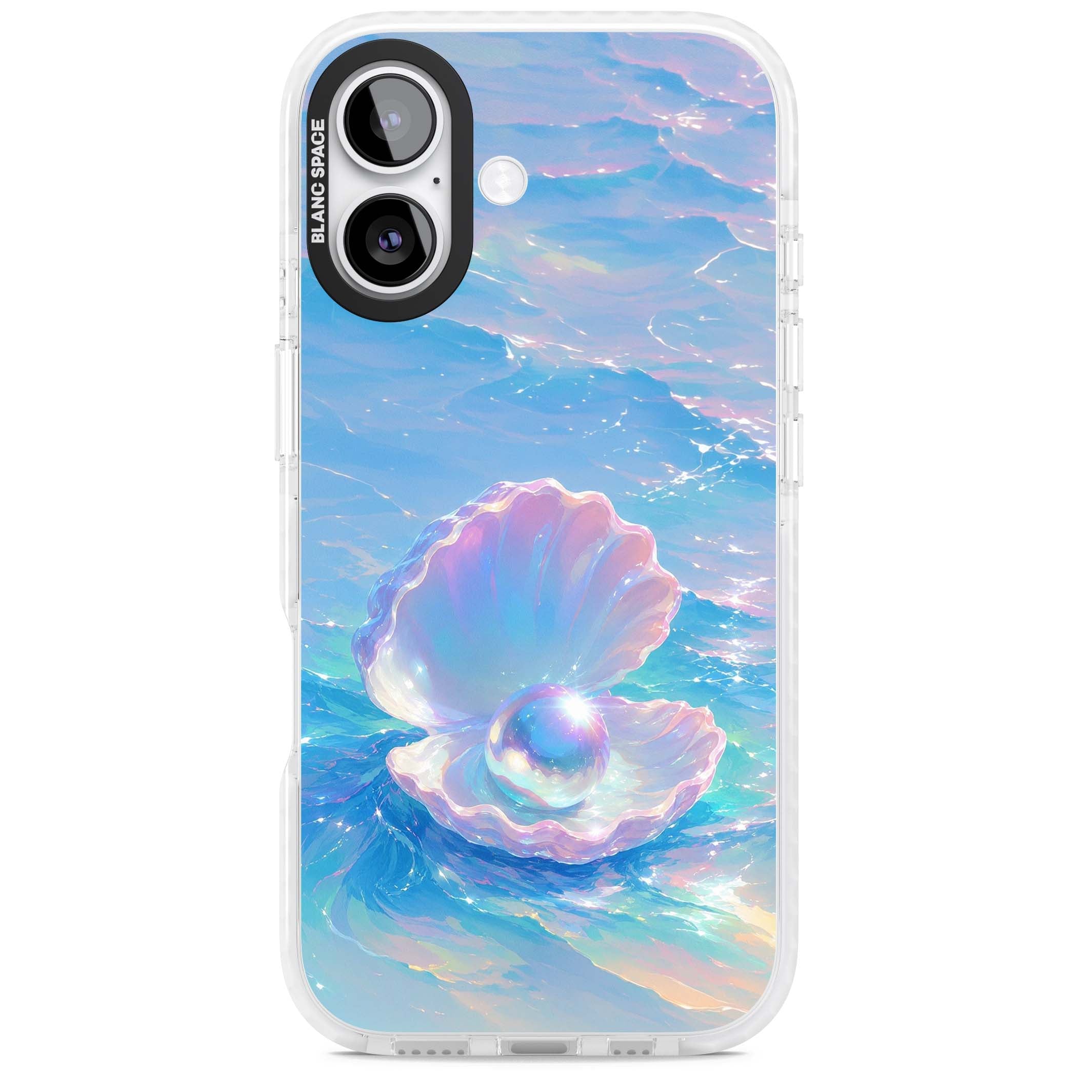 The Pearl Clam mermaidcore iPhone case featuring iridescent seashell, glowing pearl and pastel ocean waves | Black Impact case for iPhone 17