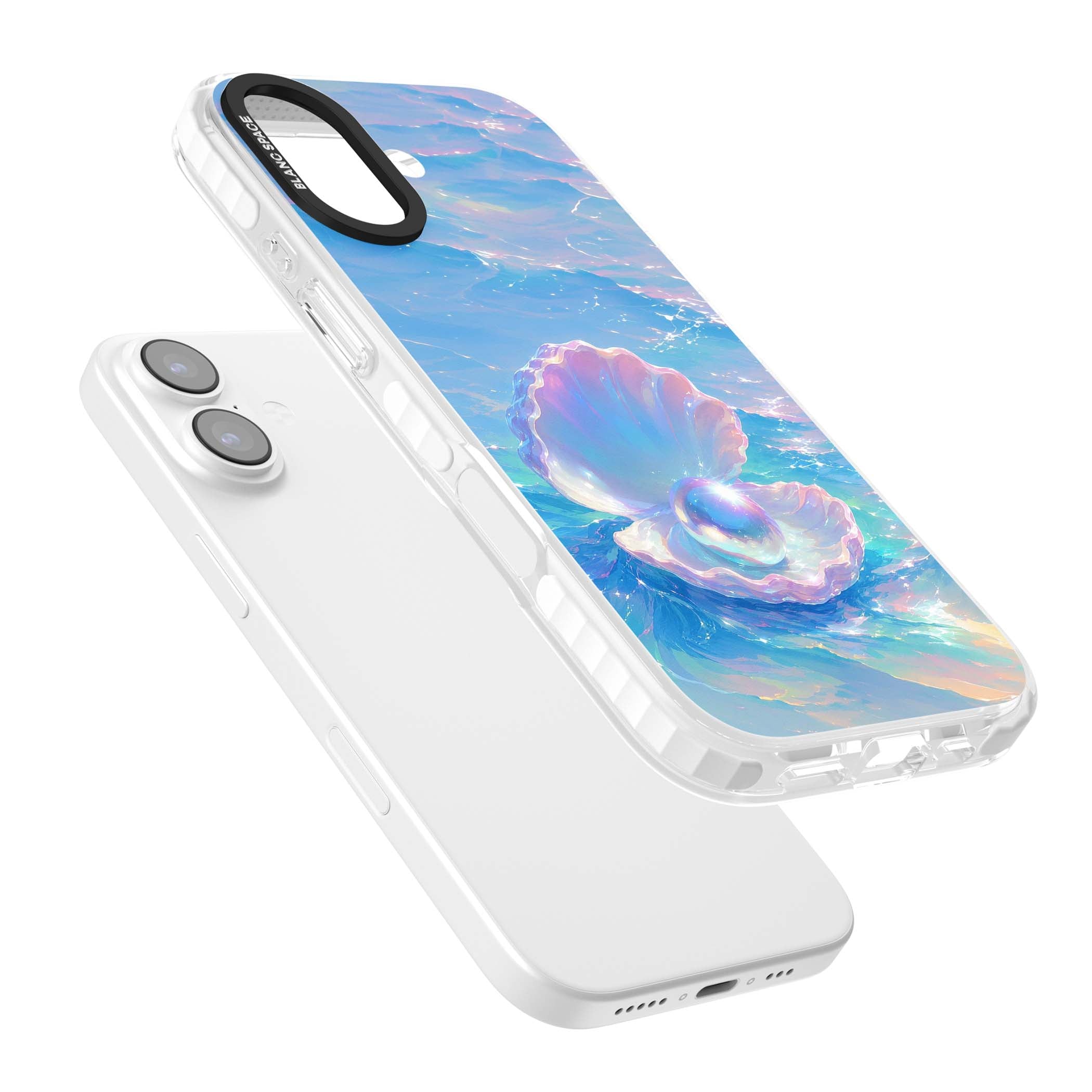 The Pearl Clam mermaidcore iPhone case featuring iridescent seashell, glowing pearl and pastel ocean waves | Black Impact case for iPhone 17