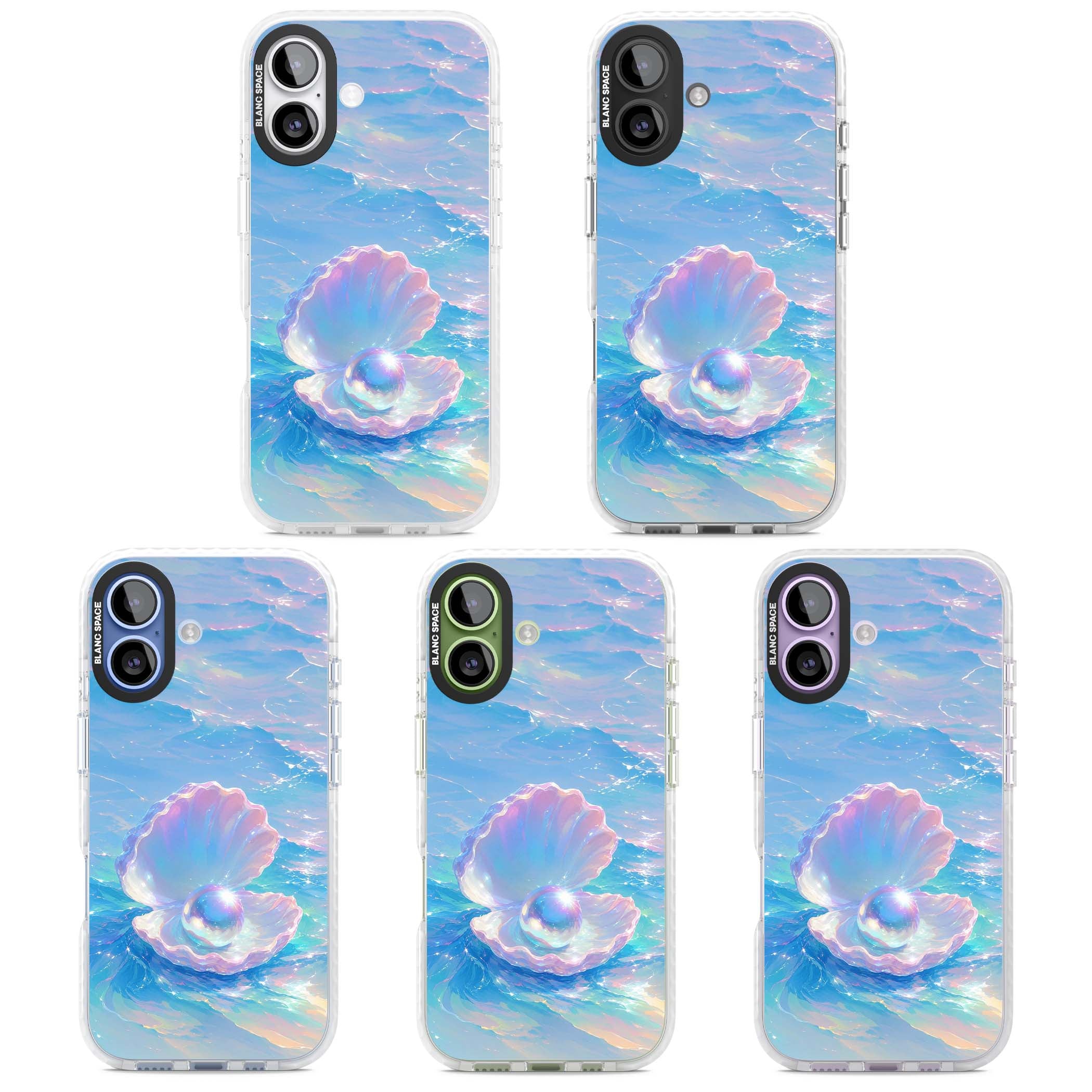 The Pearl Clam mermaidcore iPhone case featuring iridescent seashell, glowing pearl and pastel ocean waves | Black Impact case for iPhone 17