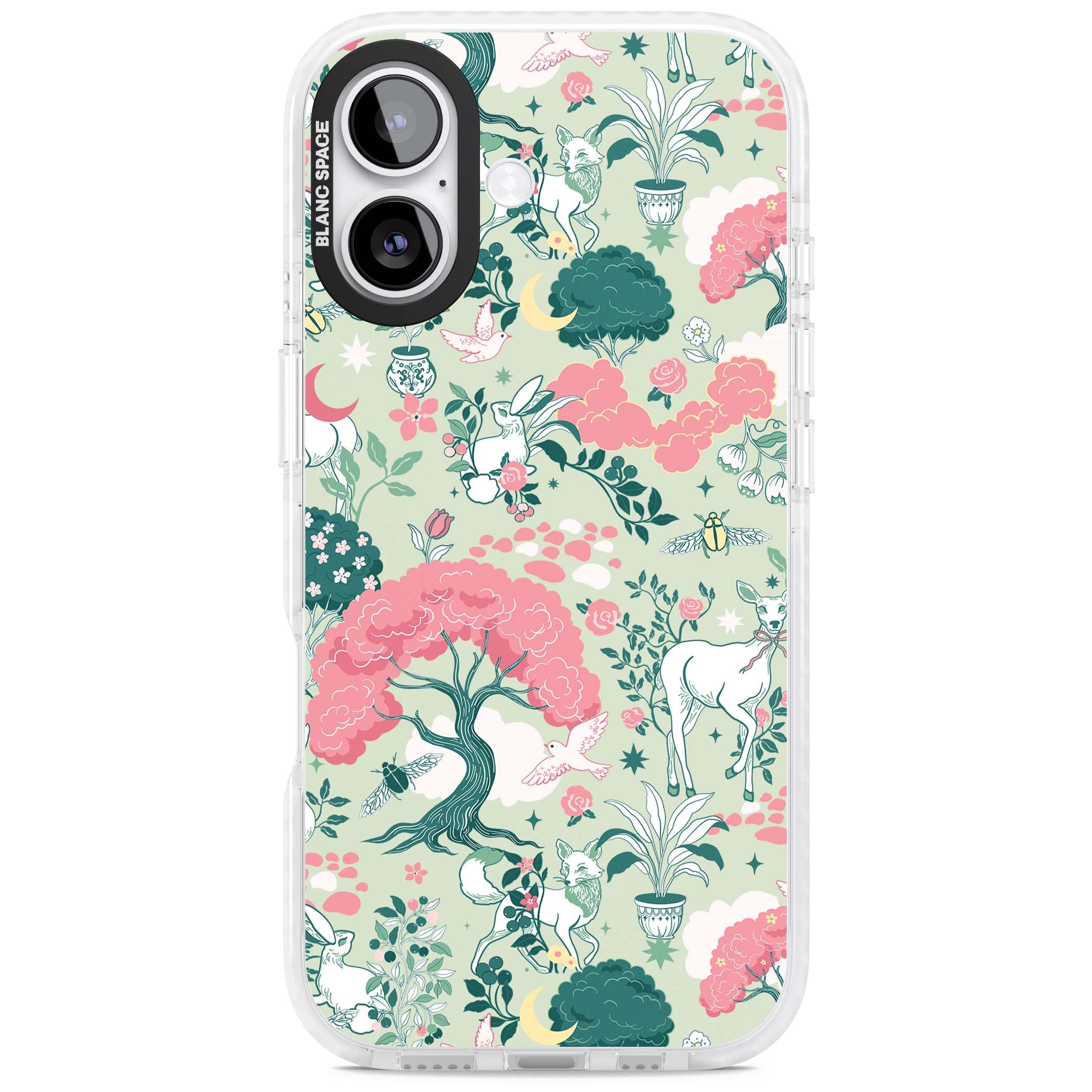 Enchanted Woodland cottagecore iPhone case featuring white deer, pink roses, mushrooms and woodland animals on sage green | Black Impact case for iPhone 17