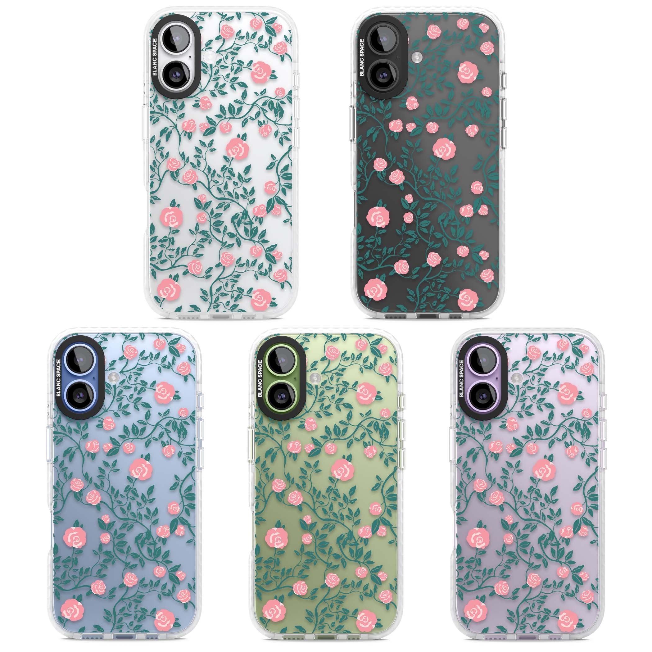 Rose Trellis (Clear) cottagecore iPhone case featuring pink climbing roses and green leaves on clear background | Black Impact case for iPhone 17
