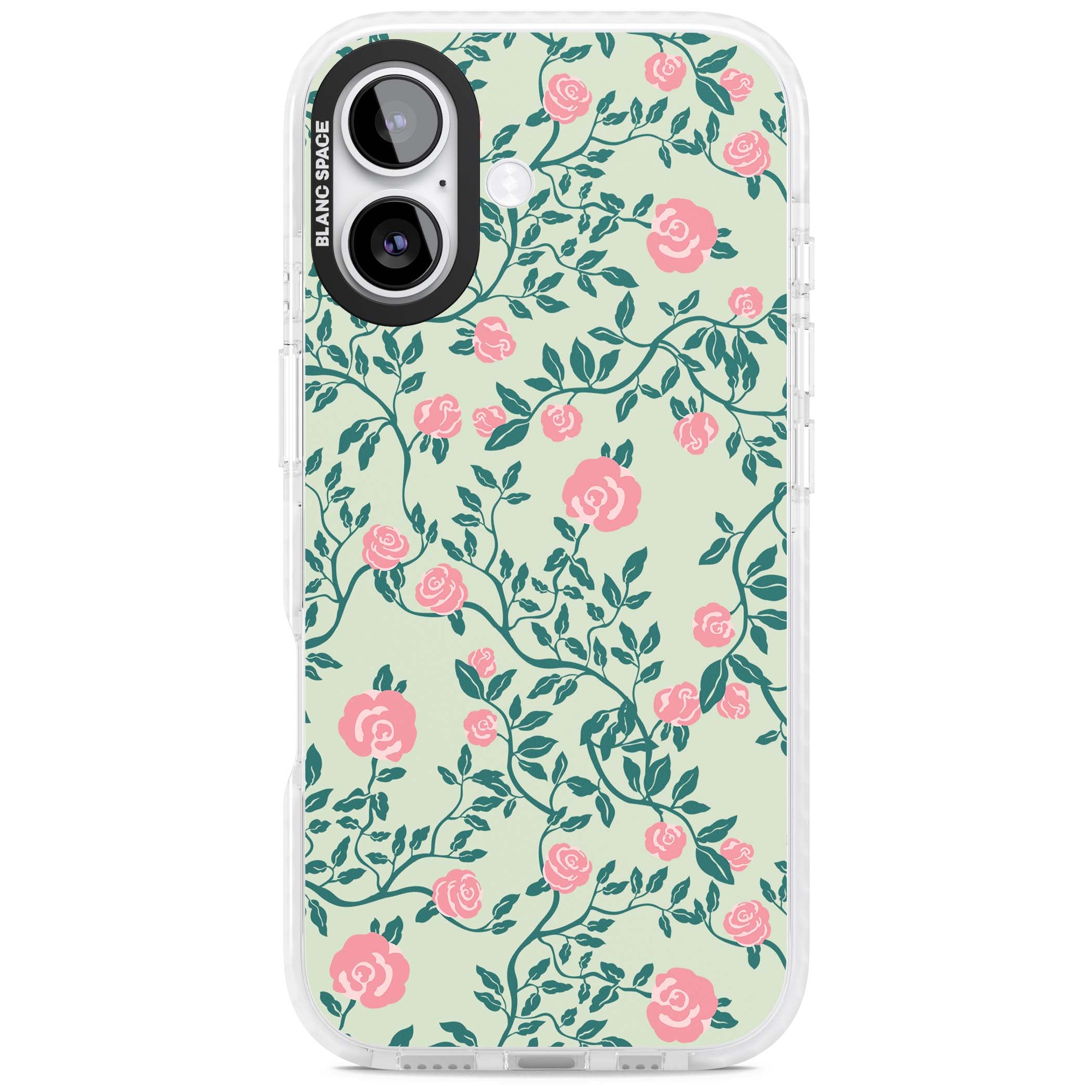 Rose Trellis cottagecore iPhone case featuring pink roses, sage green vines, and mint background | Black Impact case for iPhone 17