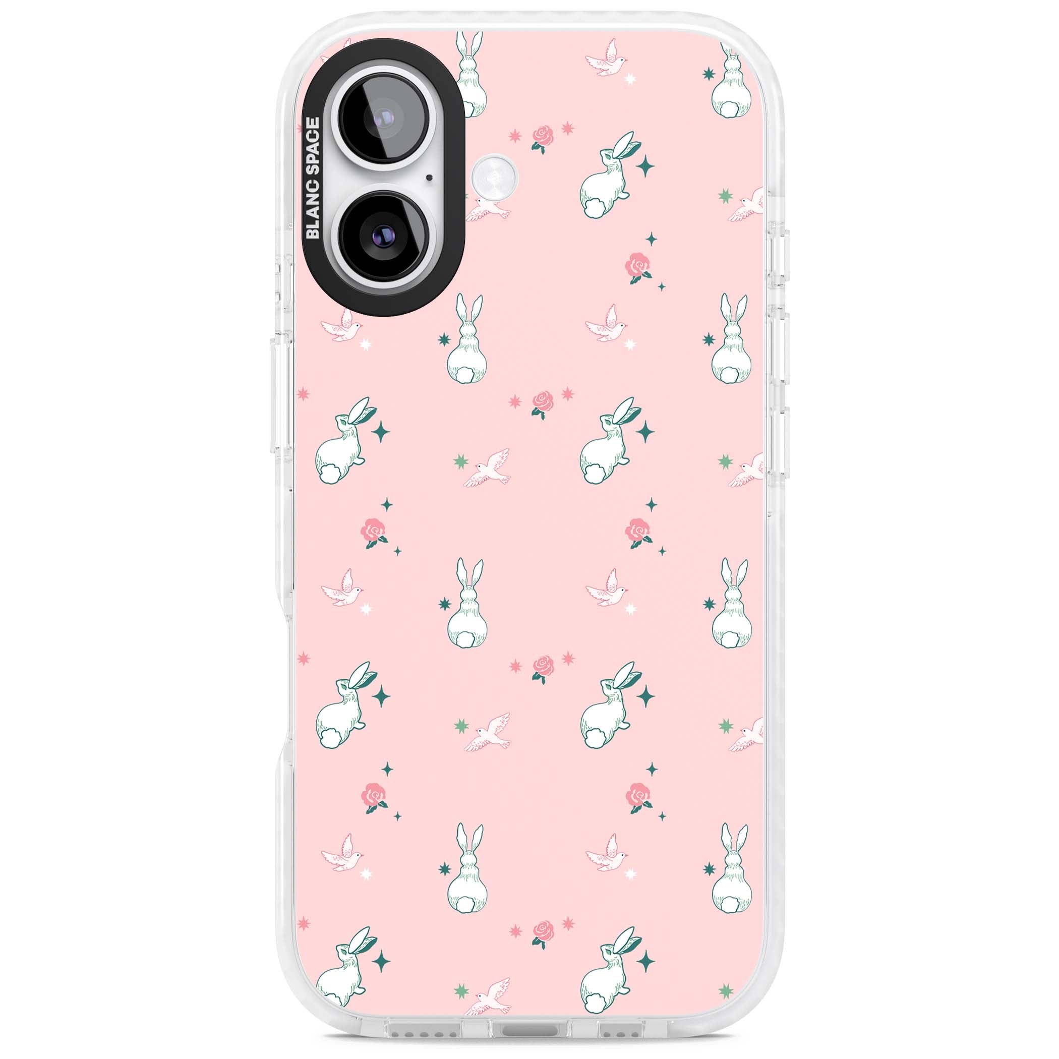 Bunny Garden kawaii iPhone case featuring white rabbits, pink roses, doves and stars on pink background | Black Impact case for iPhone 17