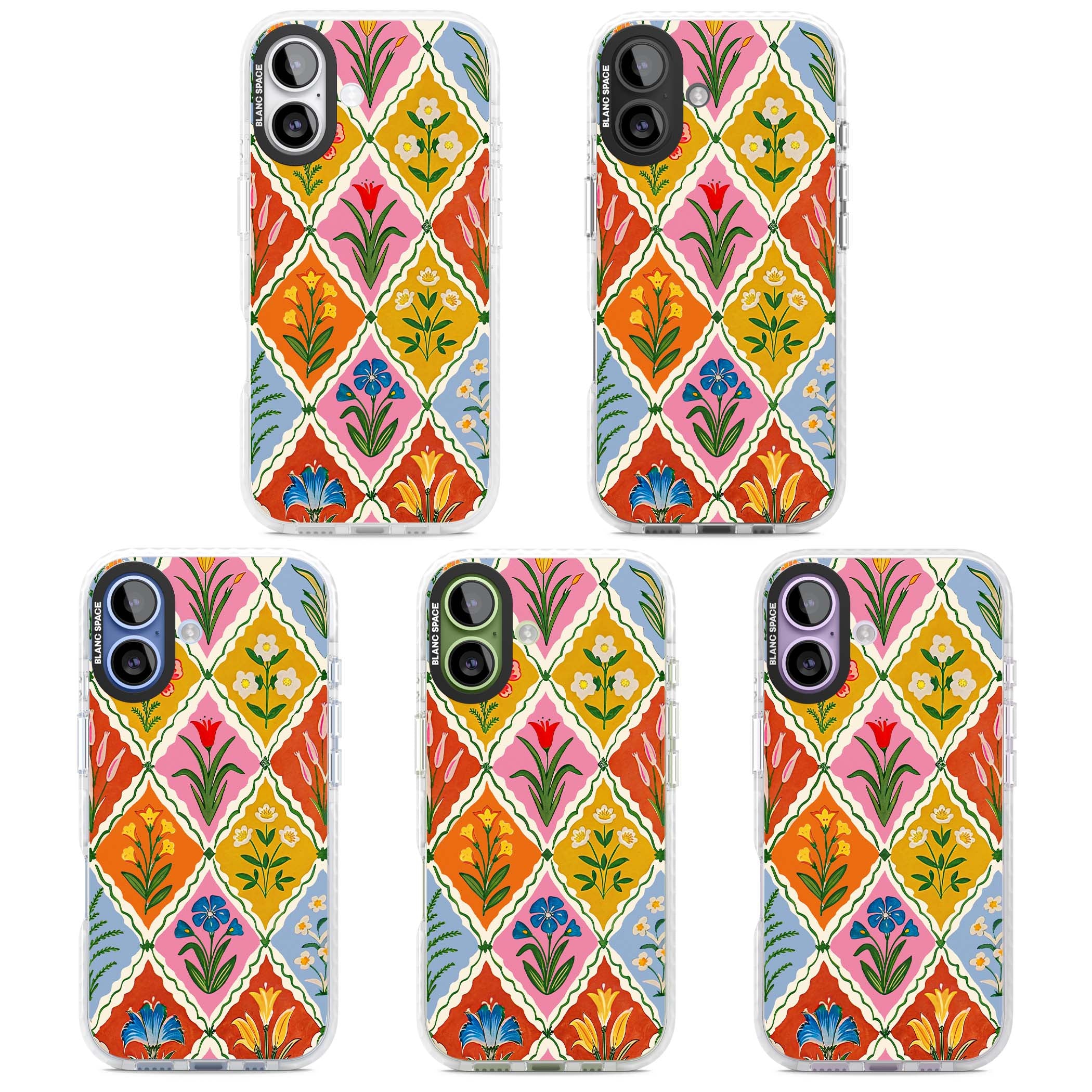 Floral Quilt boho floral iPhone case featuring diamond lattice pattern, hand-painted tulips and folk art wildflowers | Black Impact case for iPhone 17