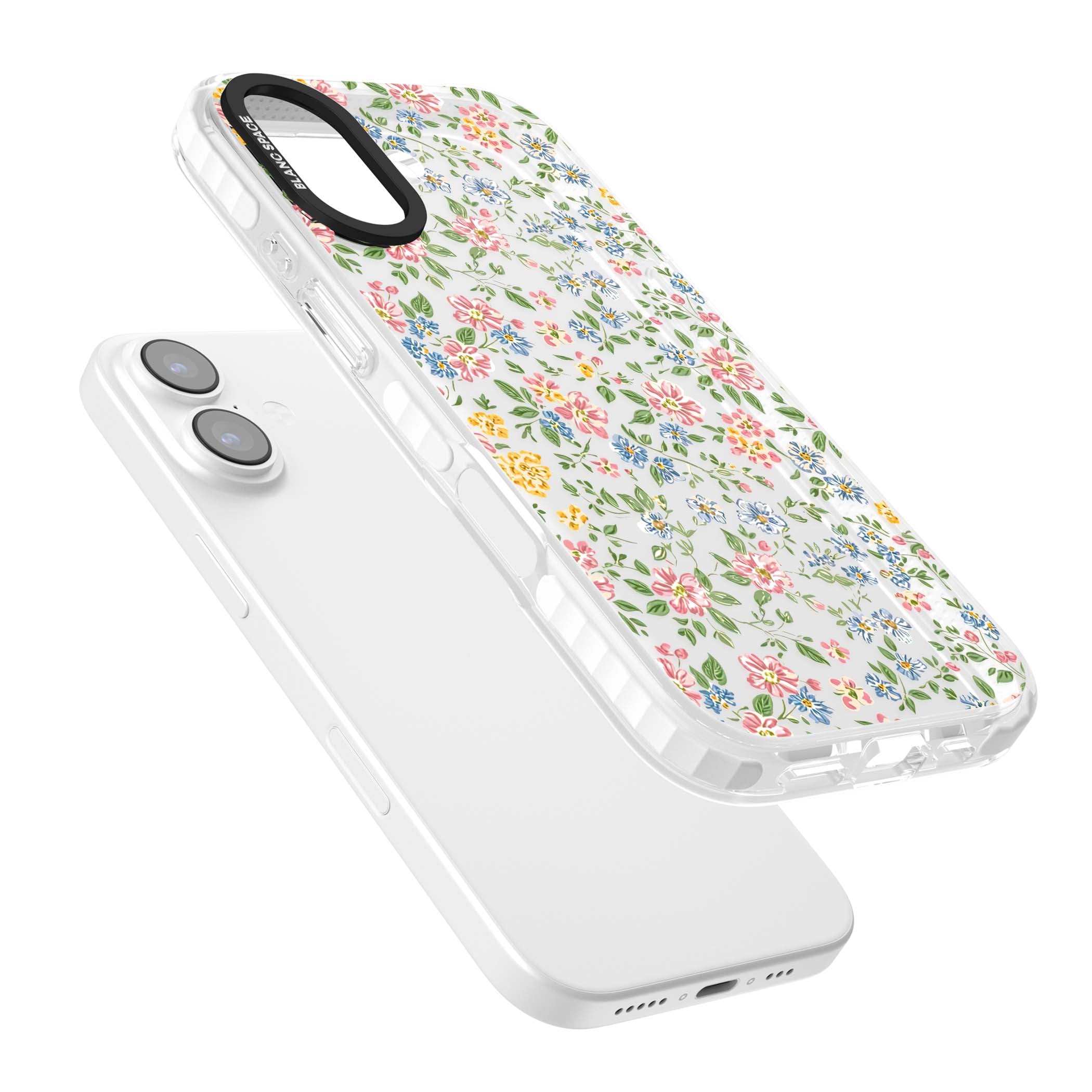 Soft Meadow cottagecore iPhone case featuring pink cosmos, blue forget-me-nots, yellow buttercups and green leaves sca | Black Impact case for iPhone 17