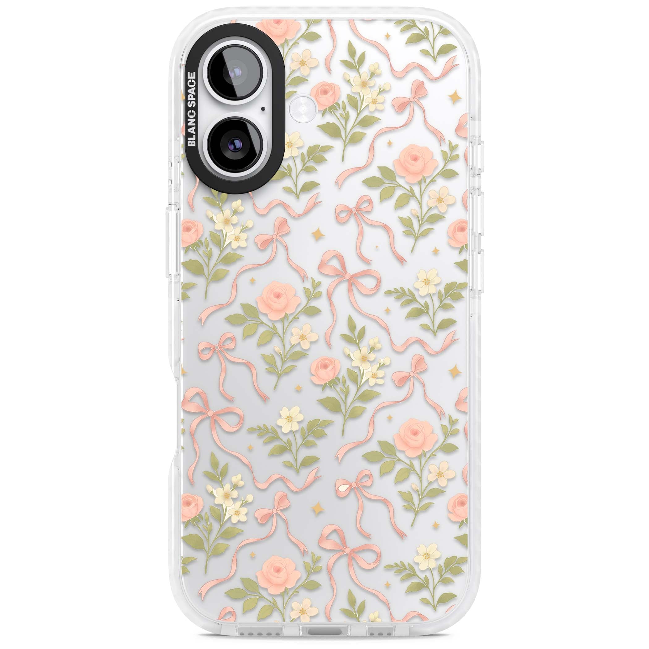 Ribbon Garden coquette iPhone case featuring pink bows, peach roses and wildflowers on white background | Black Impact case for iPhone 17