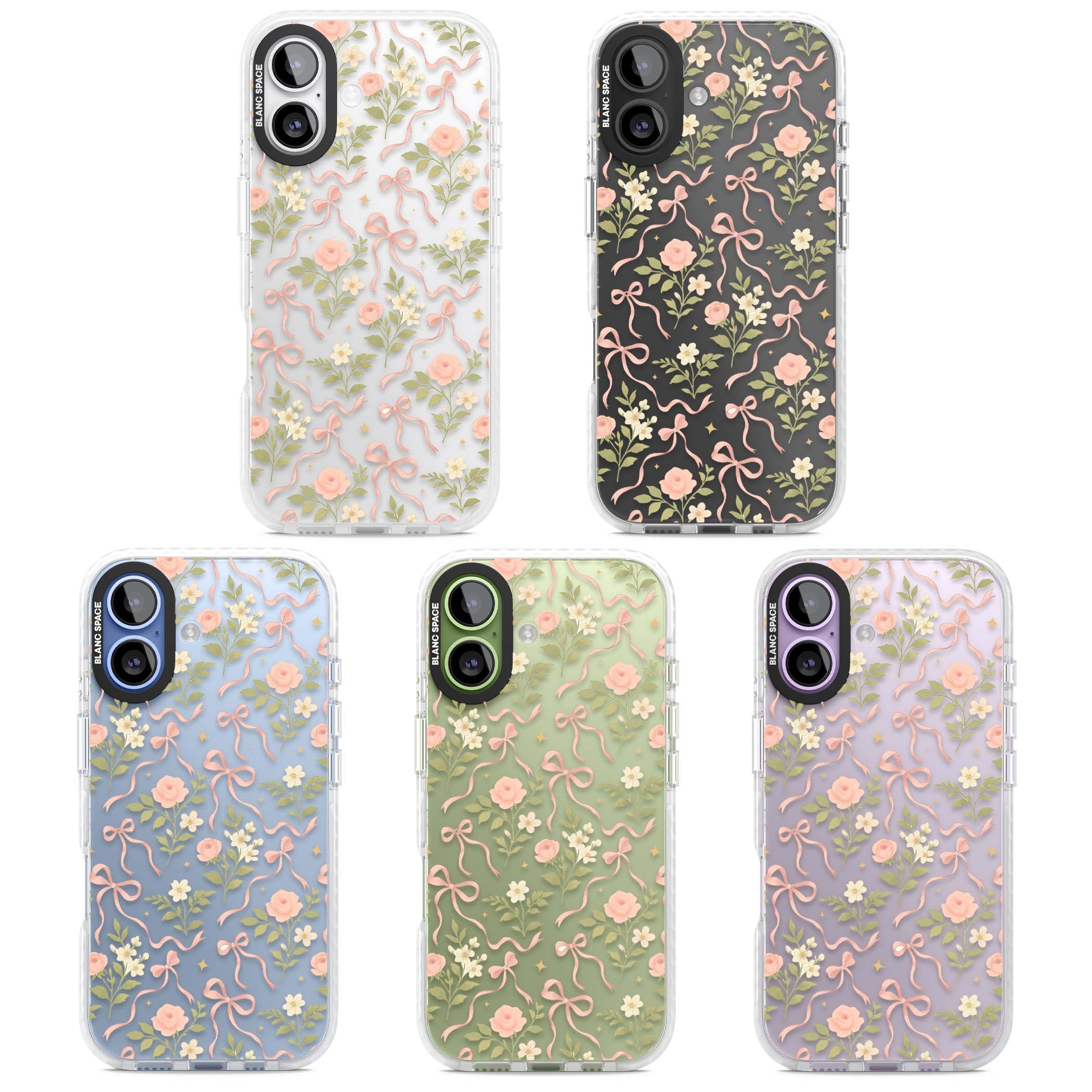 Ribbon Garden coquette iPhone case featuring pink bows, peach roses and wildflowers on white background | Black Impact case for iPhone 17