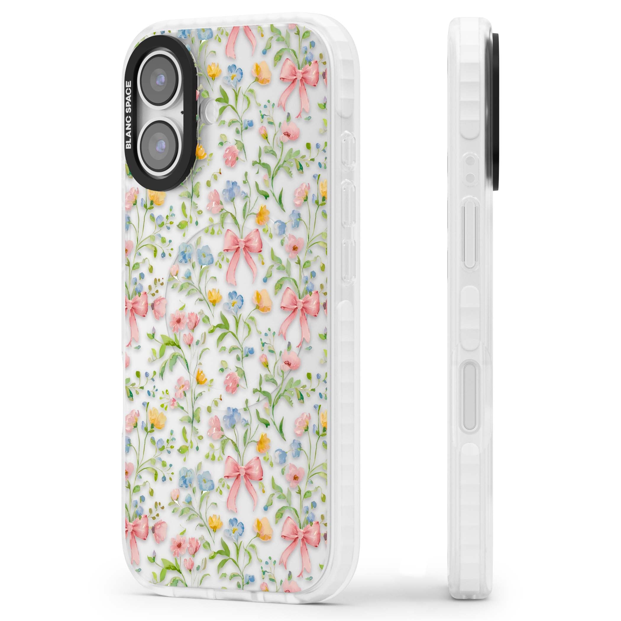 Ribbons & Wildflowers cottagecore iPhone case featuring watercolor wildflowers, pink satin bows, and delicate spring blooms o | Black Impact case for iPhone 17