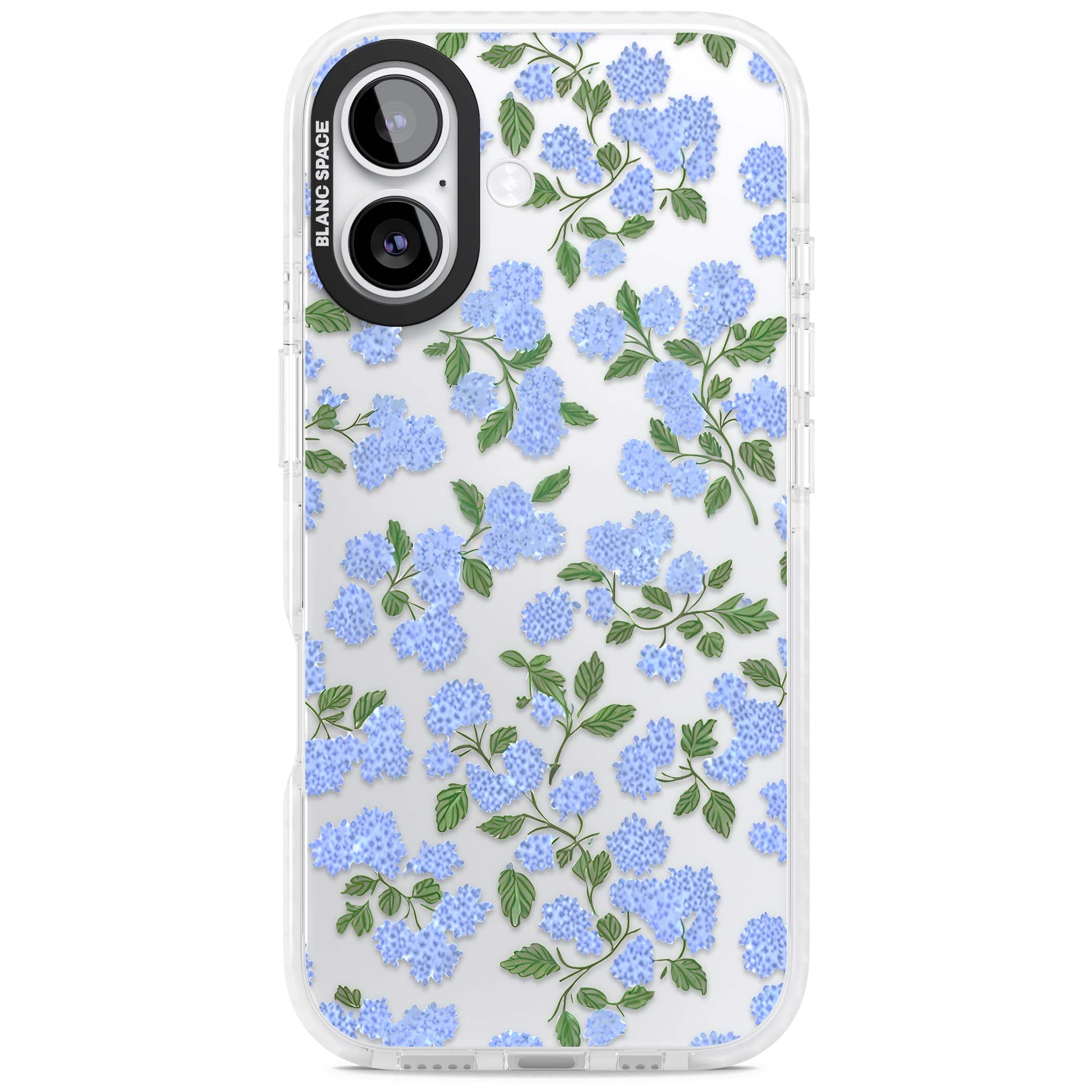 Hydrangea Dreams cottagecore iPhone case featuring soft blue hydrangea flower clusters and green leaves | Black Impact case for iPhone 17