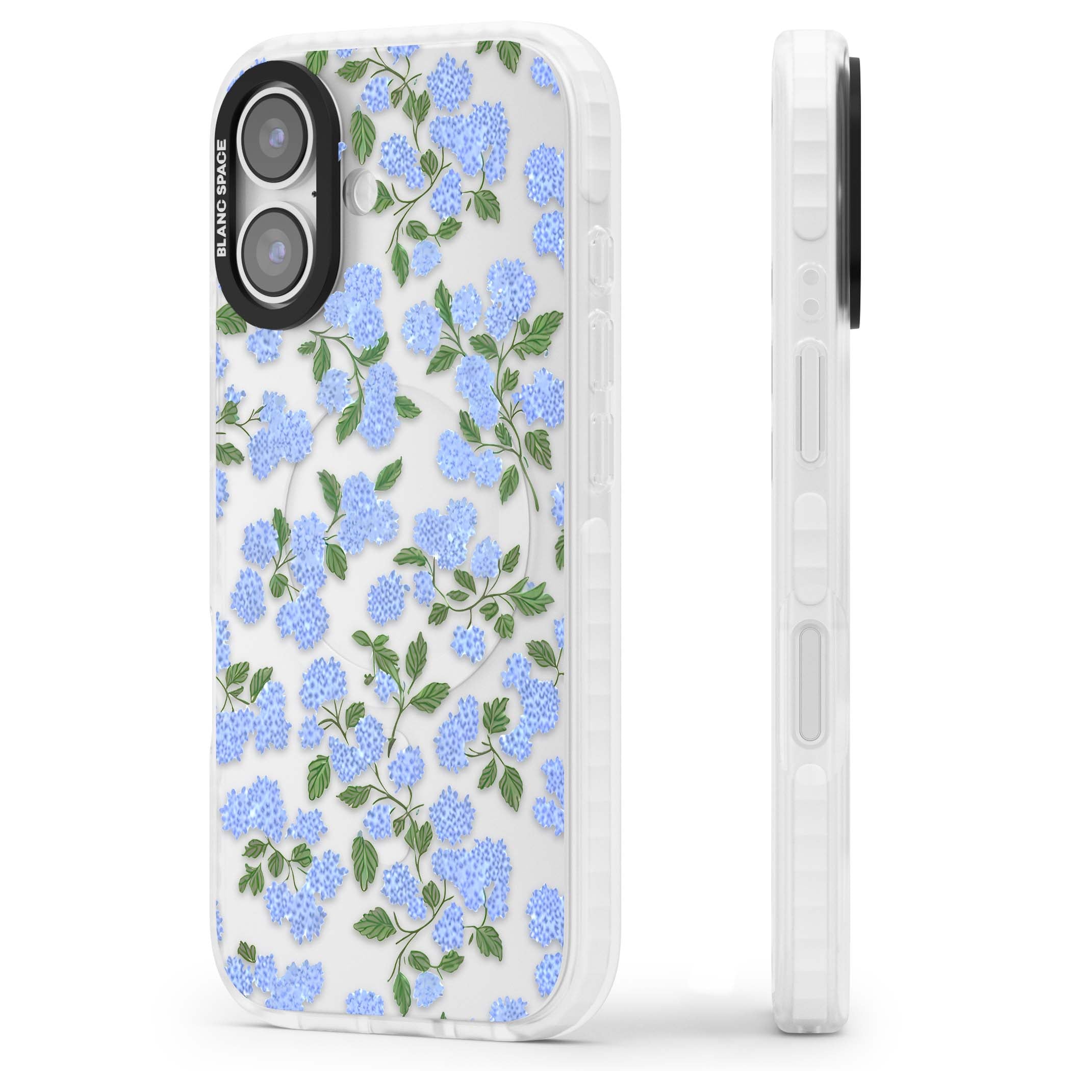 Hydrangea Dreams cottagecore iPhone case featuring soft blue hydrangea flower clusters and green leaves | Black Impact case for iPhone 17