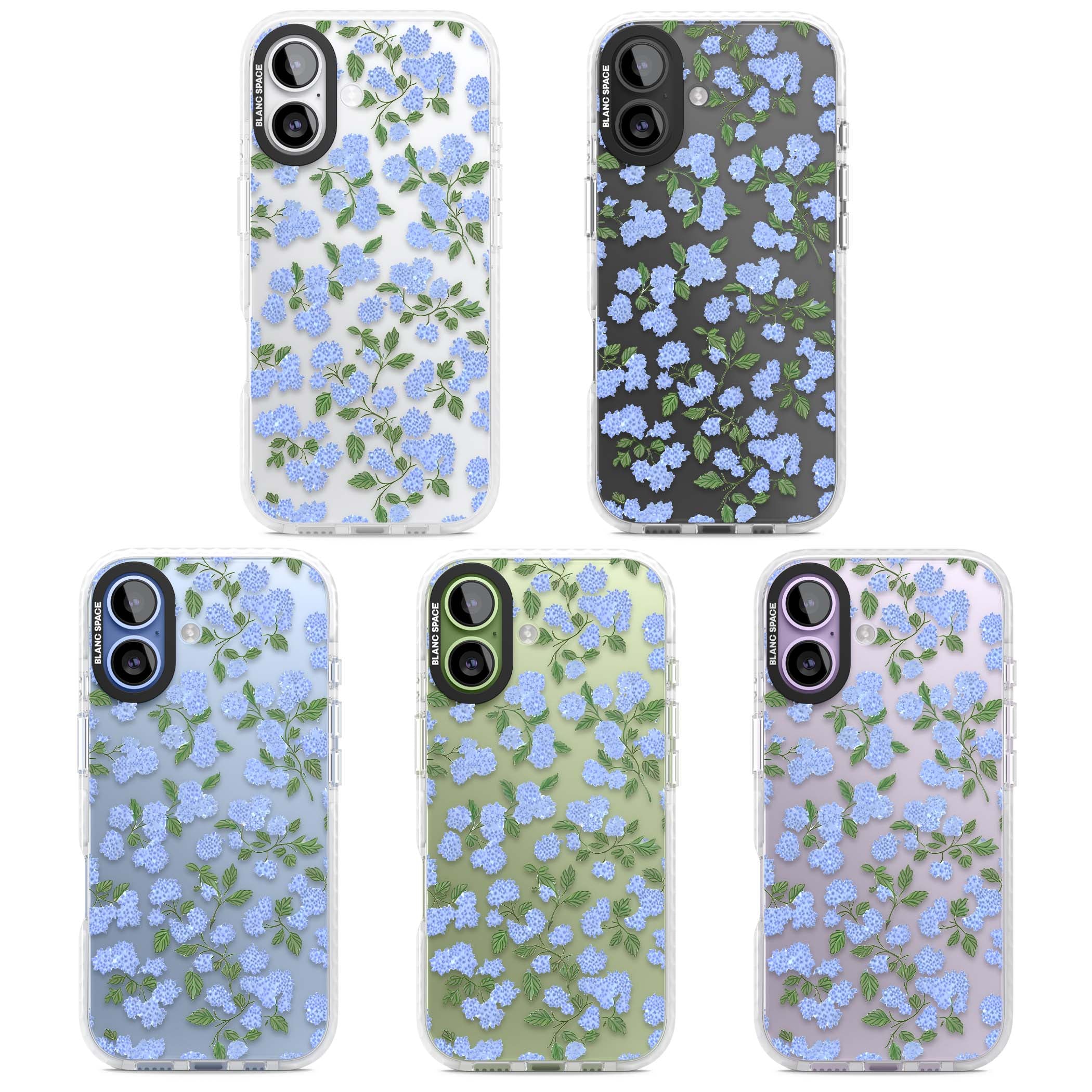 Hydrangea Dreams cottagecore iPhone case featuring soft blue hydrangea flower clusters and green leaves | Black Impact case for iPhone 17